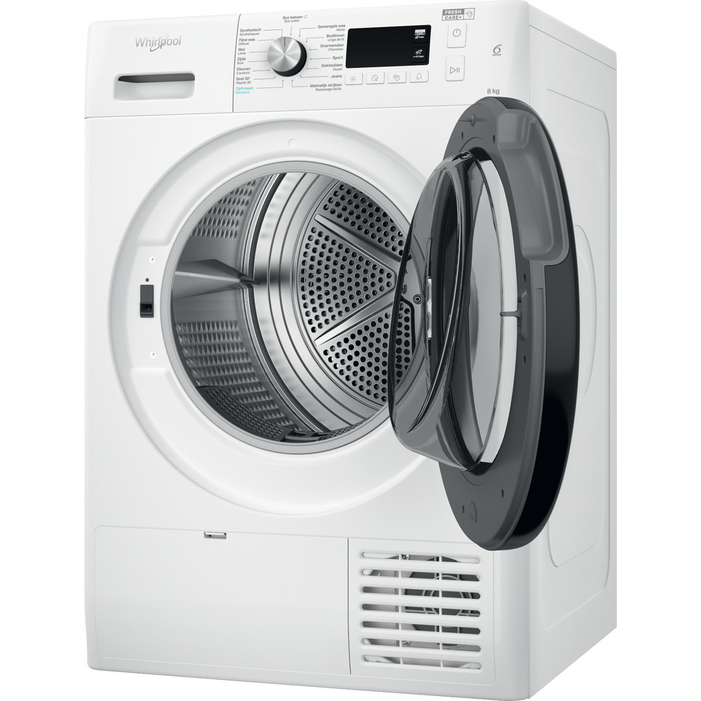 Un'asciugatrice Whirlpool bianca con la porta aperta. Il tamburo interno è visibile.