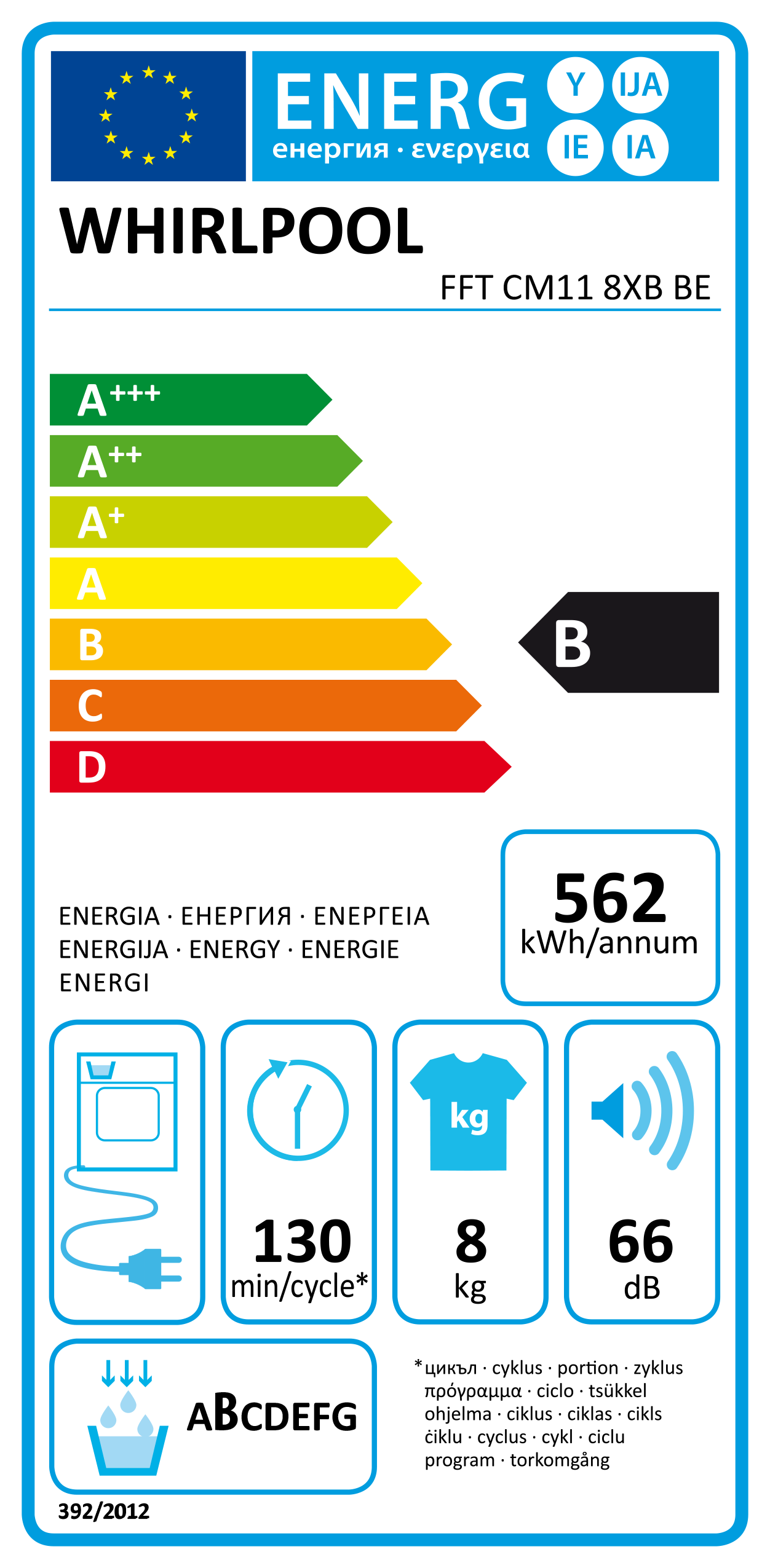 Un'etichetta energetica Whirlpool, che mostra informazioni sull'efficienza energetica, compreso il consumo annuo e il livello di rumore.