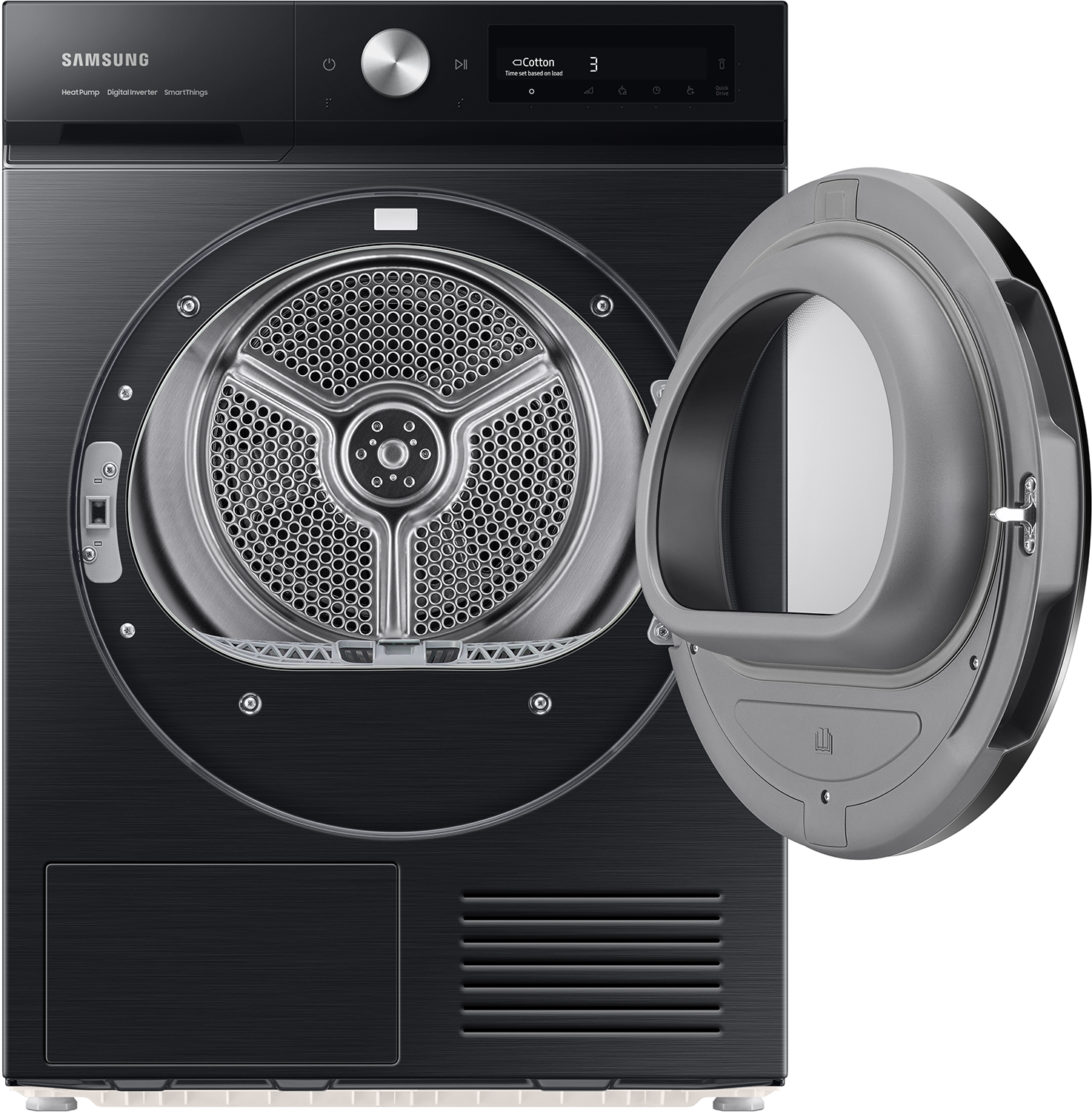 Asciugatrice Samsung nera con porta aperta. Tamburo interno visibile. Sfondo bianco.