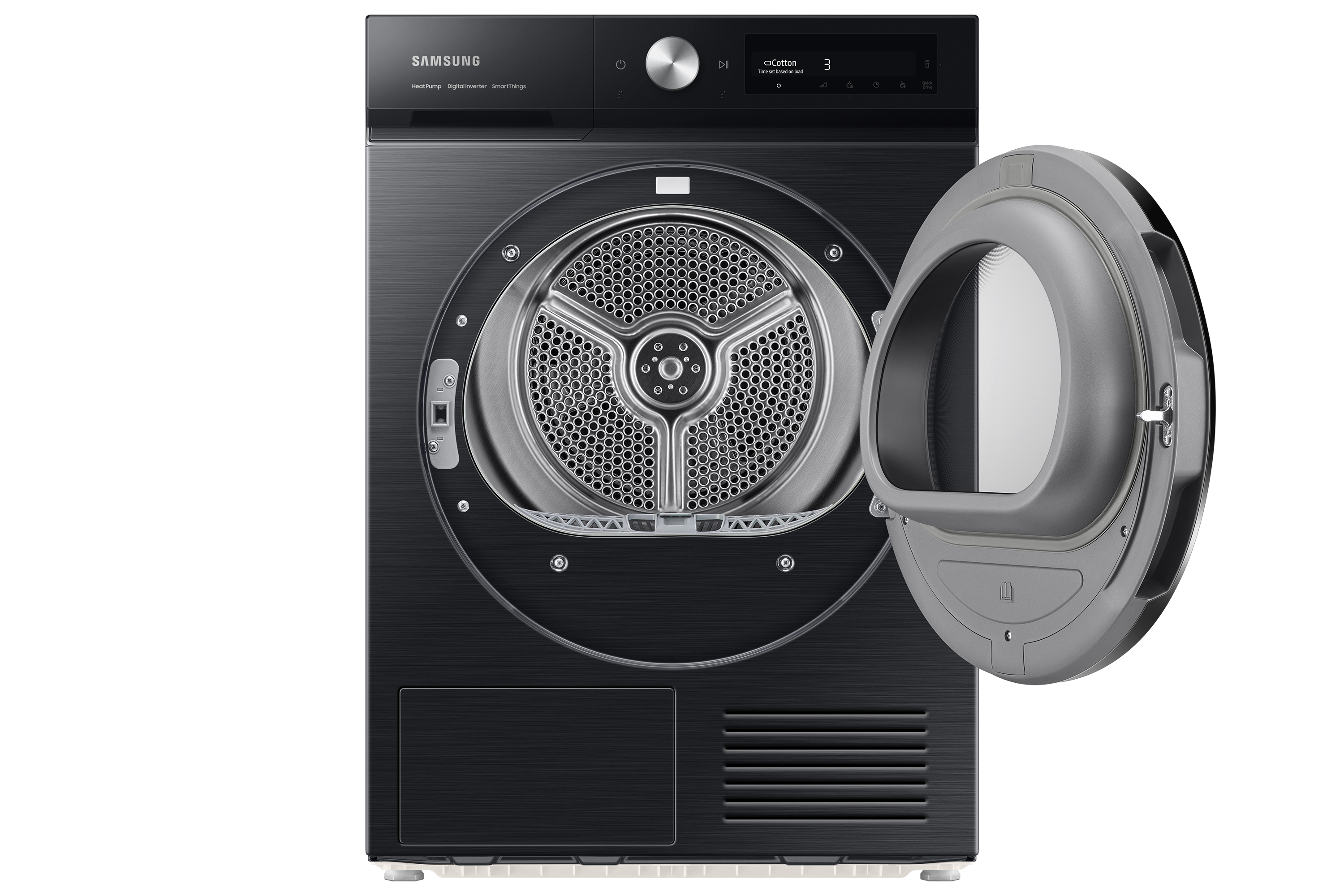 Asciugatrice Samsung nera con porta aperta. Tamburo interno visibile. Pannello comandi in alto. Fondo bianco.