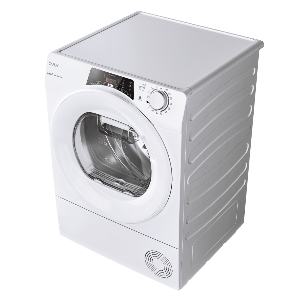 Una secadora blanca, marca Candy, vista desde arriba. Tiene panel de control y ventilador.