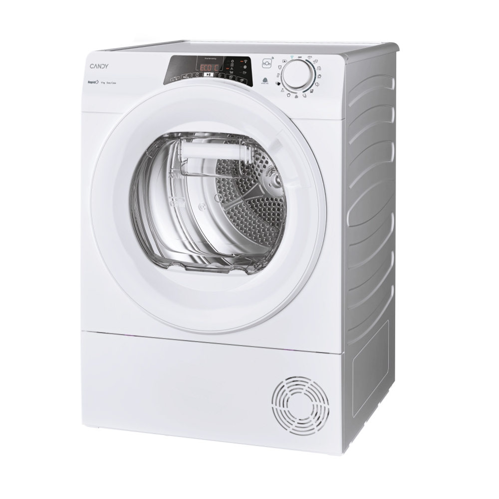 Una secadora Candy blanca. Tiene panel de control, puerta redonda, ventilador y pantalla.