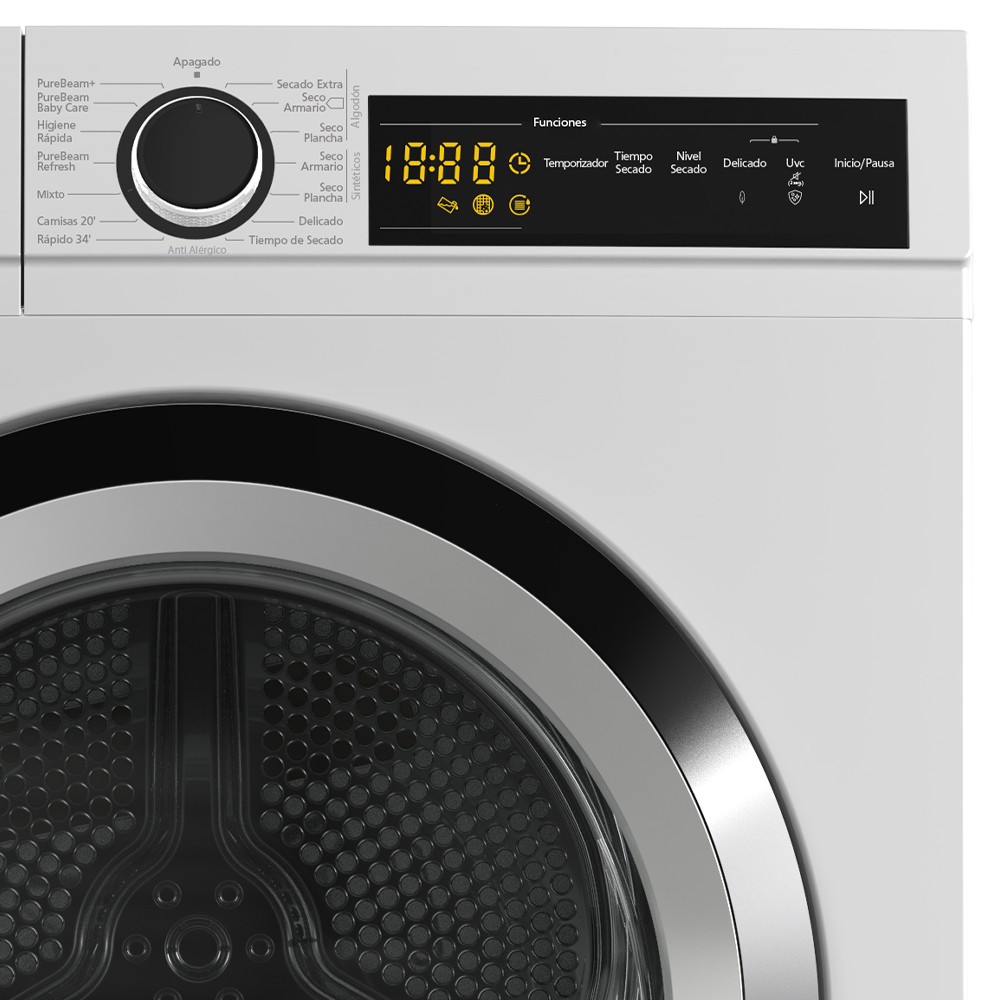 Zbliżenie panelu sterowania suszarki z cyfrowym wyświetlaczem 18:88 i przyciskami funkcyjnymi.