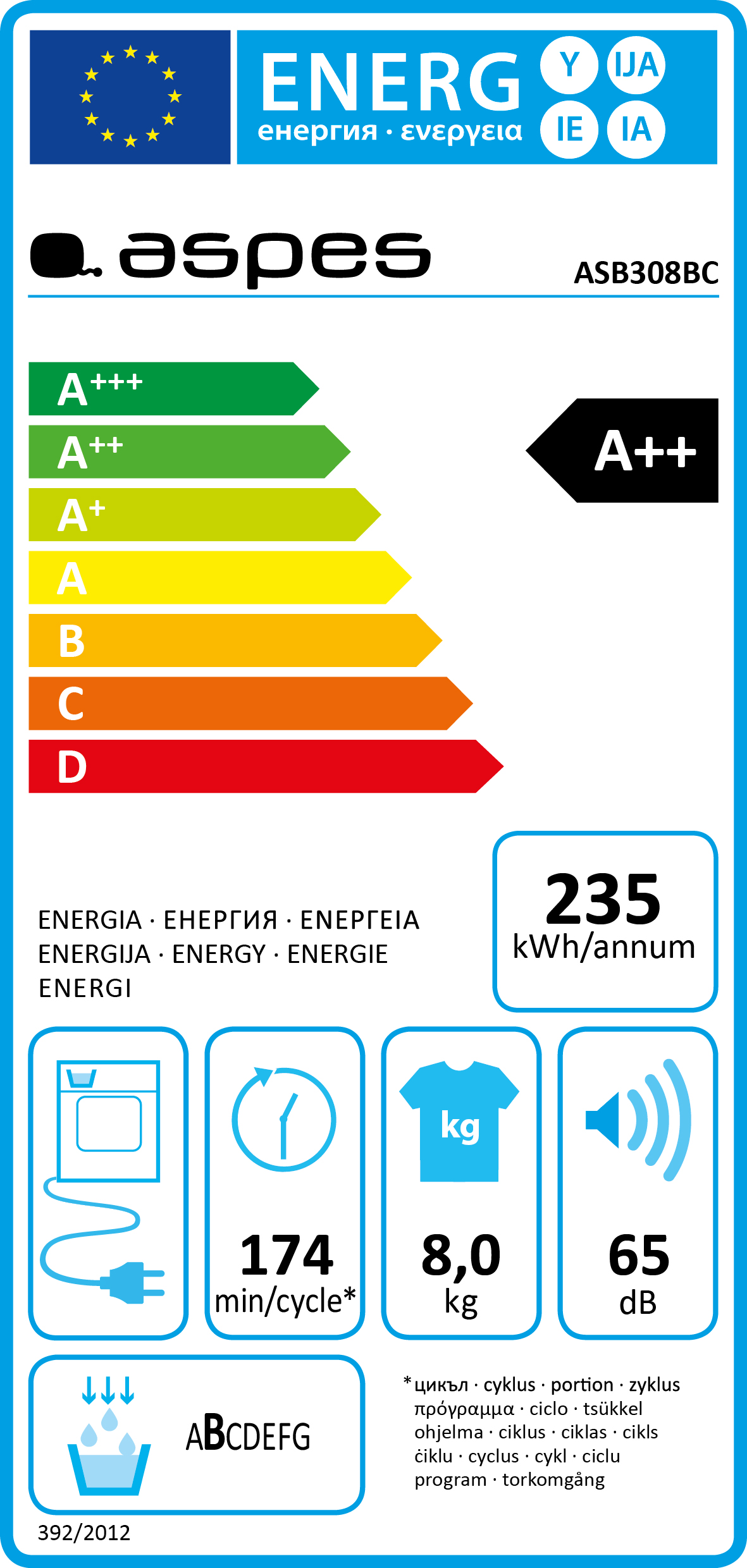 Etykieta energetyczna dla suszarki Aspes. Pokazuje oceny efektywności energetycznej, zużycie energii i inne specyfikacje.