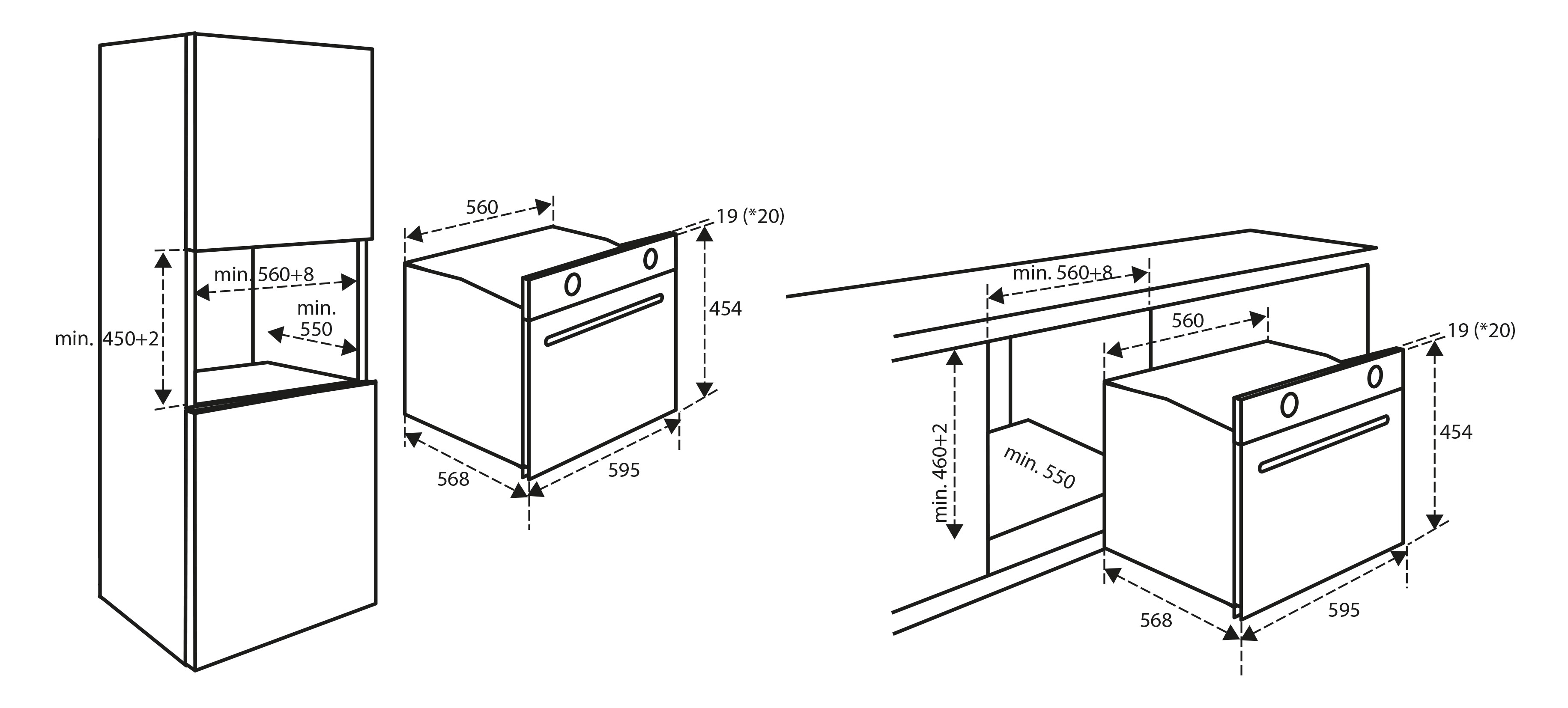 Diagram van een oven met afmetingen. Inclusief vooraanzicht en inbouwinstallatie.