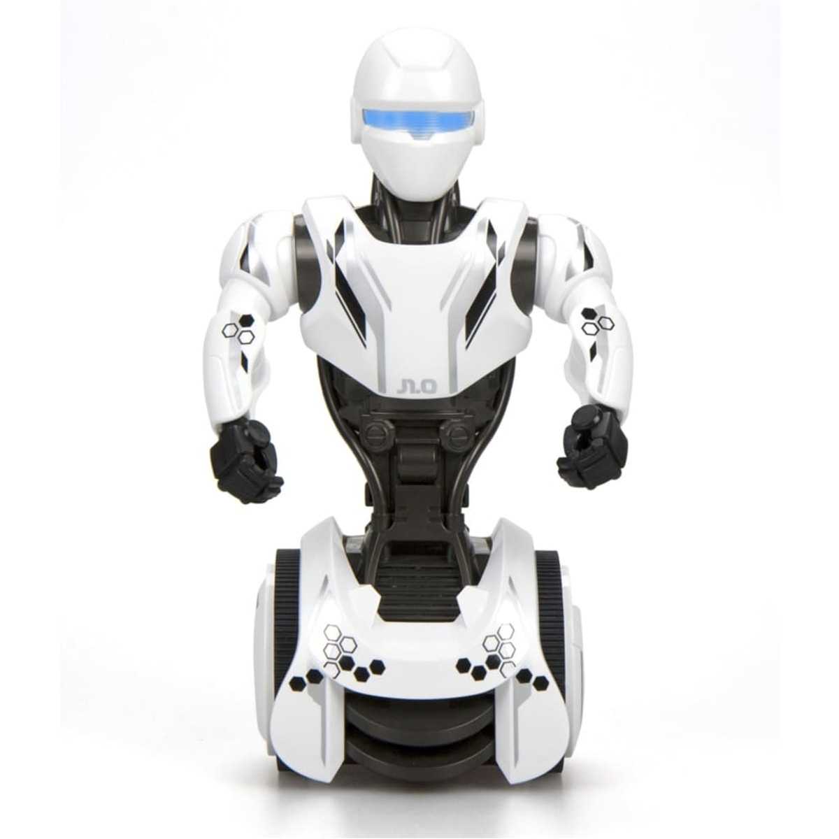 Biała zabawka robota z czarną klatką piersiową i głową, widok z przodu. Białe tło.