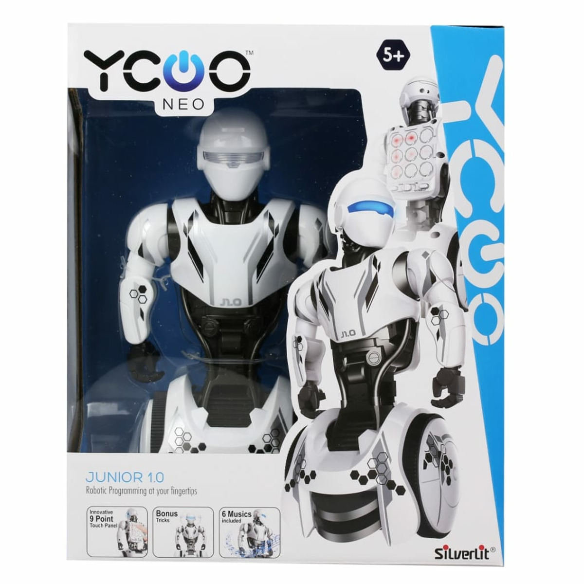 Biała i czarna zabawka robota w pudełku. Pudełko ma niebiesko-biały design z marką YCOO.