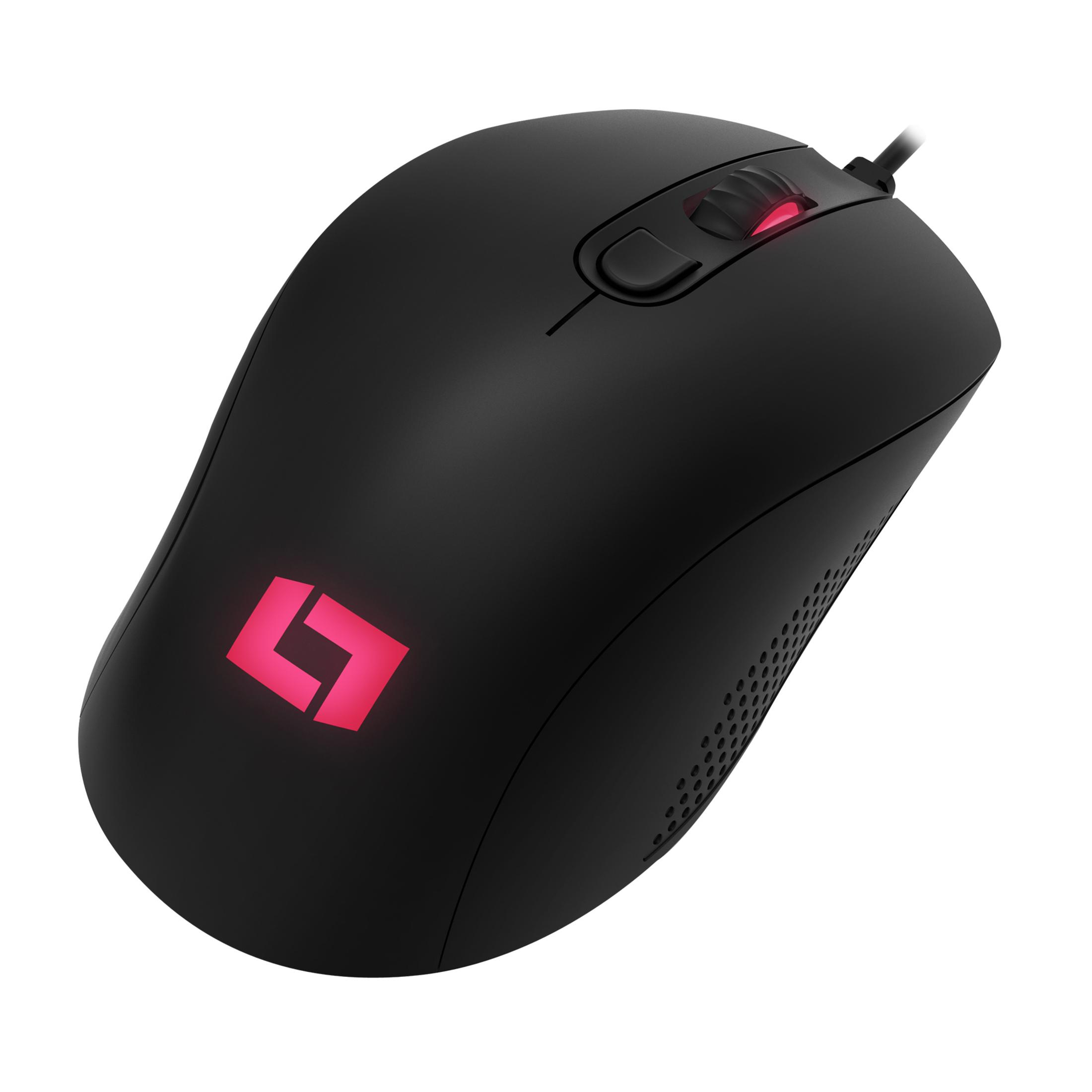 Czarna mysz gamingowa z czerwonym logo i kółkiem na białym tle.