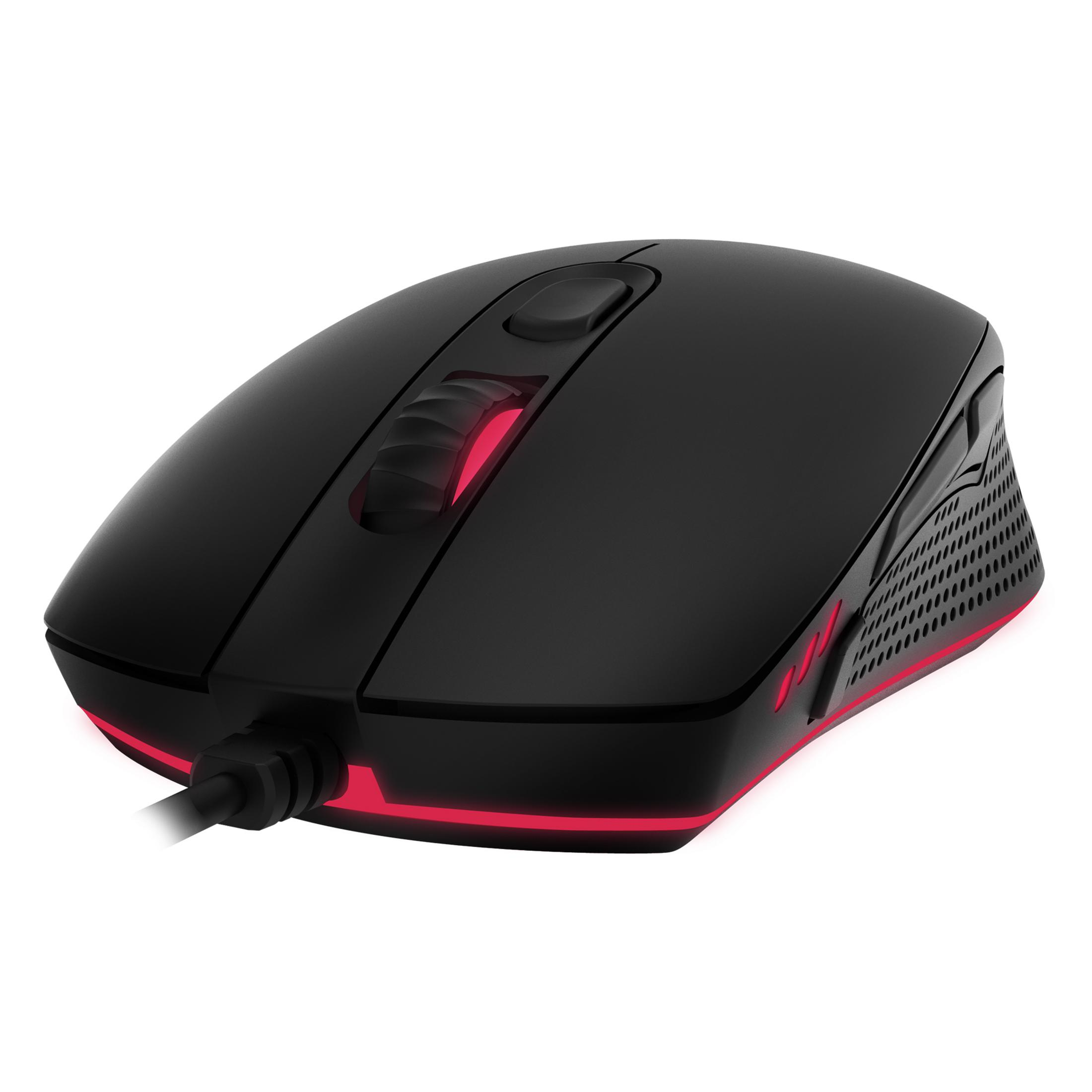 Czarna mysz do gier z czerwonymi światłami. Ma przewód i wiele przycisków.