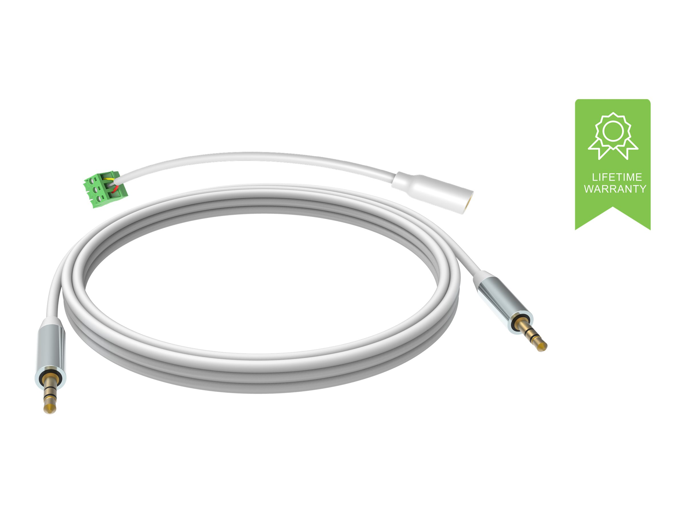 Cavo audio bianco con due jack da 3,5 mm e un connettore verde. Garanzia a vita.
