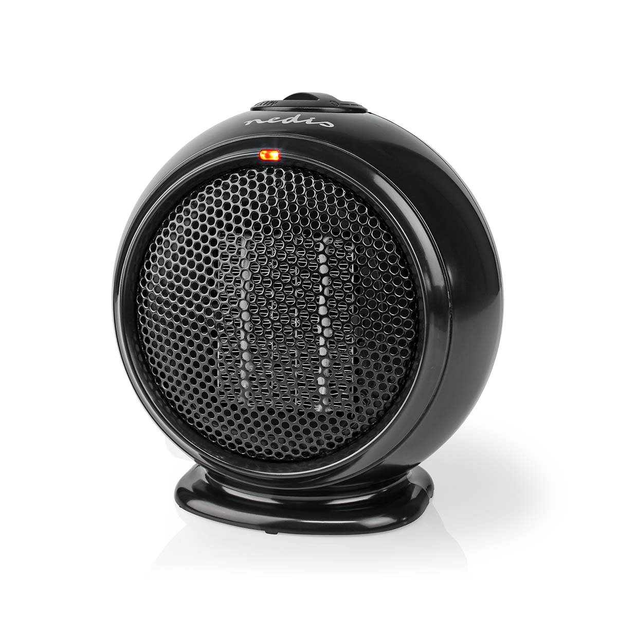 Czarny, okrągły grzejnik. Ma przednią siatkę i czerwone światło zasilania. Podstawa jest zakrzywiona.