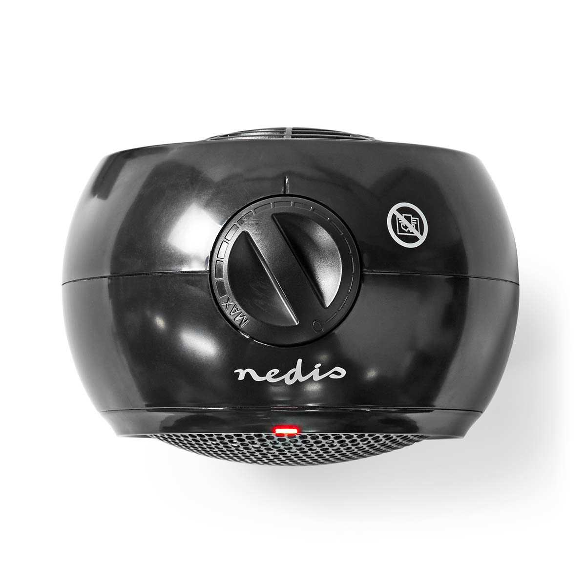 Czarny, kulisty grzejnik z pokrętłem i czerwonym światłem. Marka to Nedis.