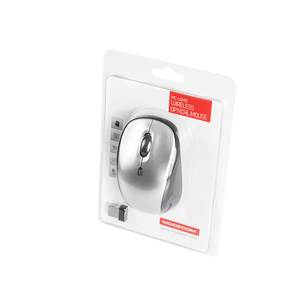 Srebrna mysz komputerowa Modecom w przezroczystym plastikowym opakowaniu na białym tle.