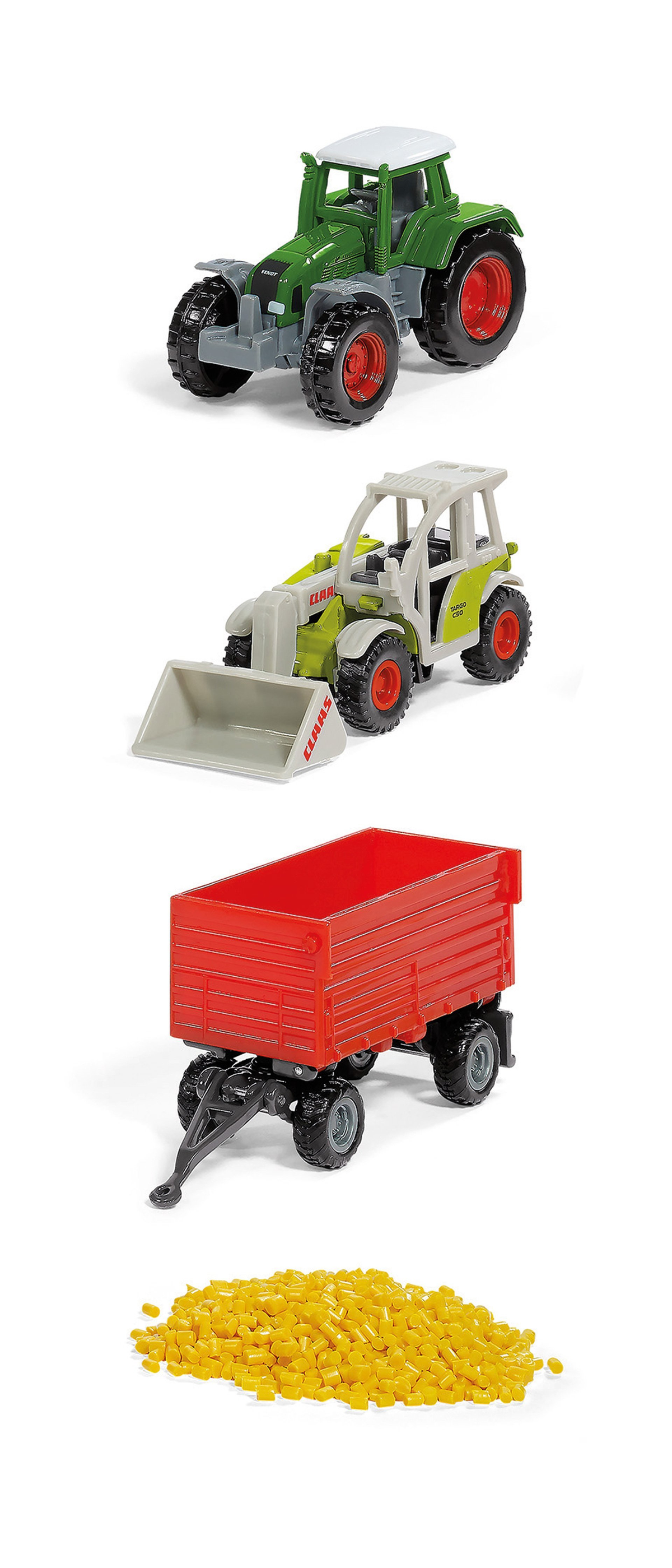 Juego de granja de juguete: tractor verde, tractor blanco con pala, remolque rojo, bolitas amarillas.