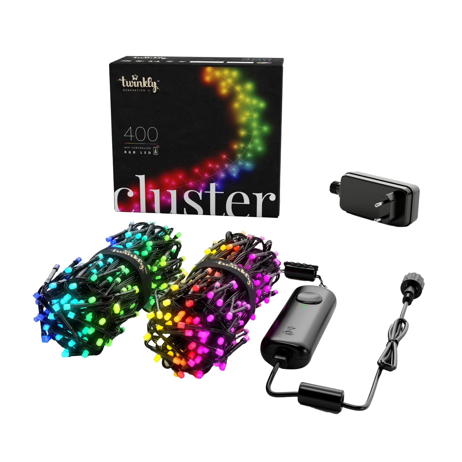 Zdjęcie produktu: pudełko światełek Twinkly, dwie wiązki kolorowych świateł, zasilacz i jednostka sterująca na czarnym tle.