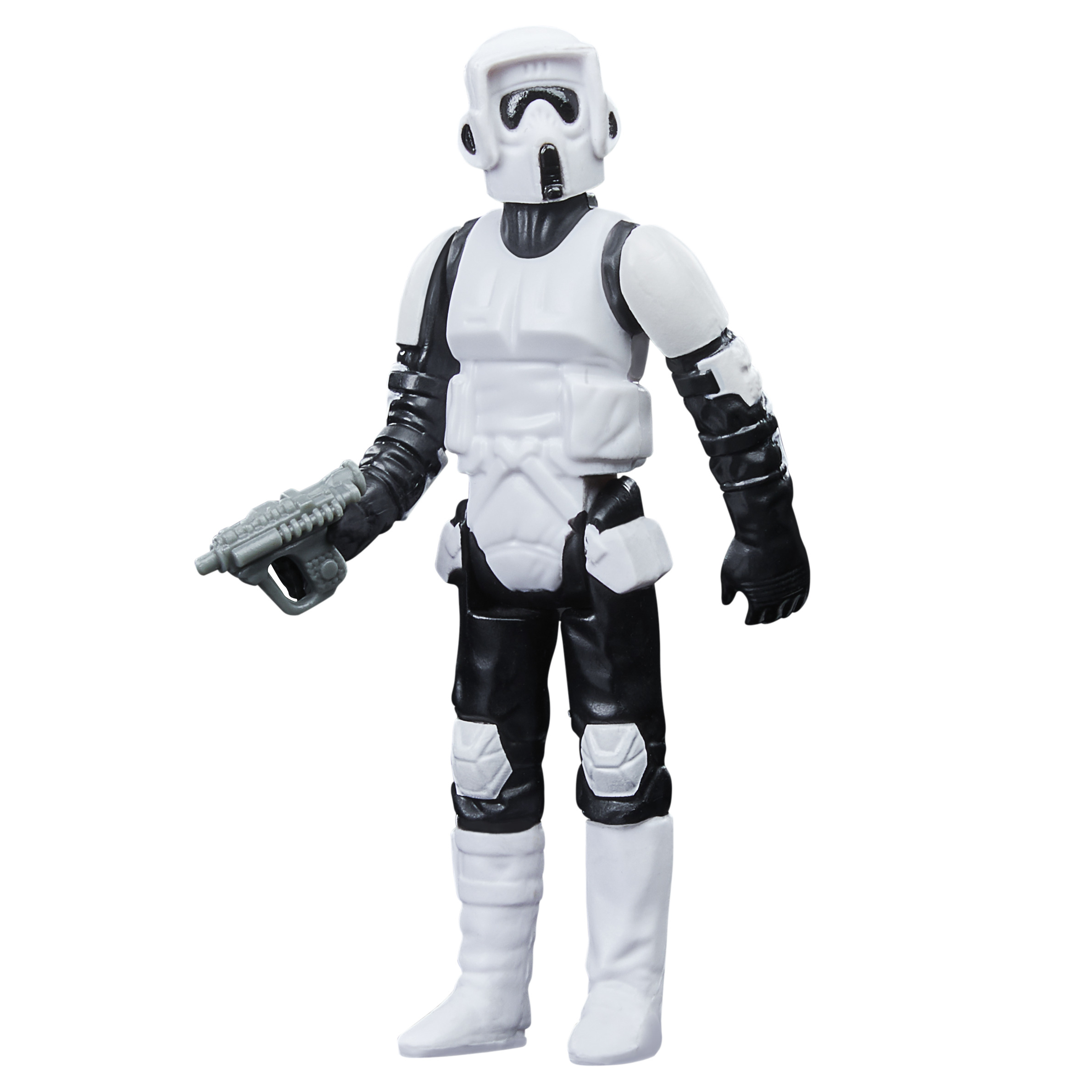 Figurka akcji Star Wars Scout Trooper stoi. Ma biały hełm, zbroję i buty, czarne spodnie i rękawice, trzymając blaster.