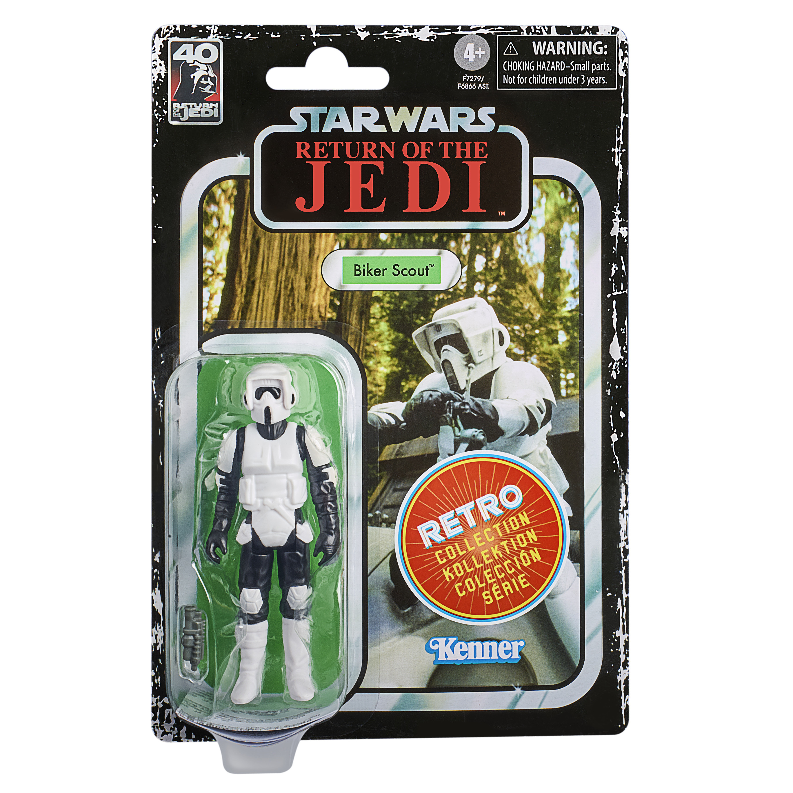 Figurka akcji Star Wars Biker Scout w opakowaniu. Figurka jest biało-czarna. Opakowanie ma design retro.