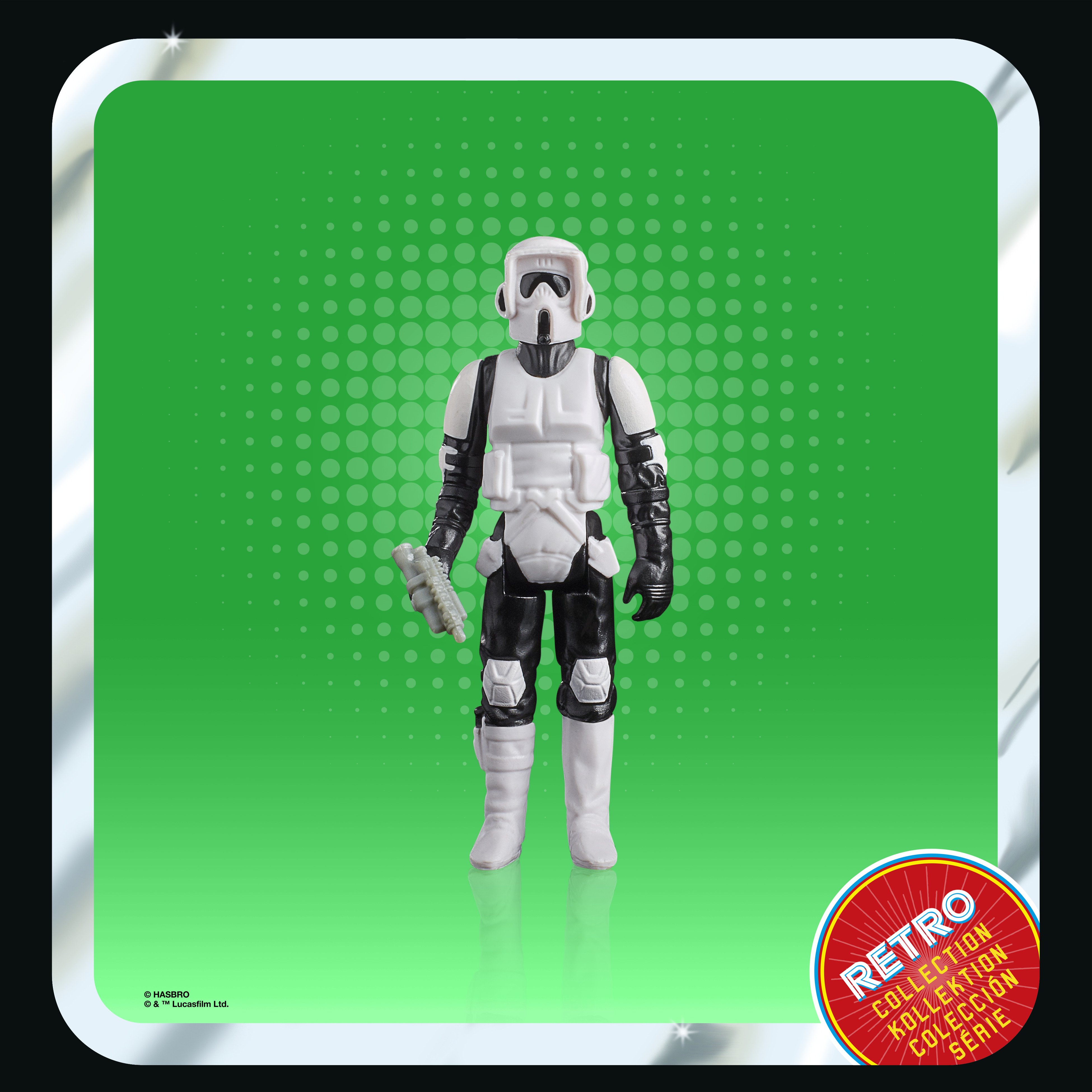 Figurka akcji Star Wars Scout Trooper. Znajduje się na zielonym tle w stylu retro.