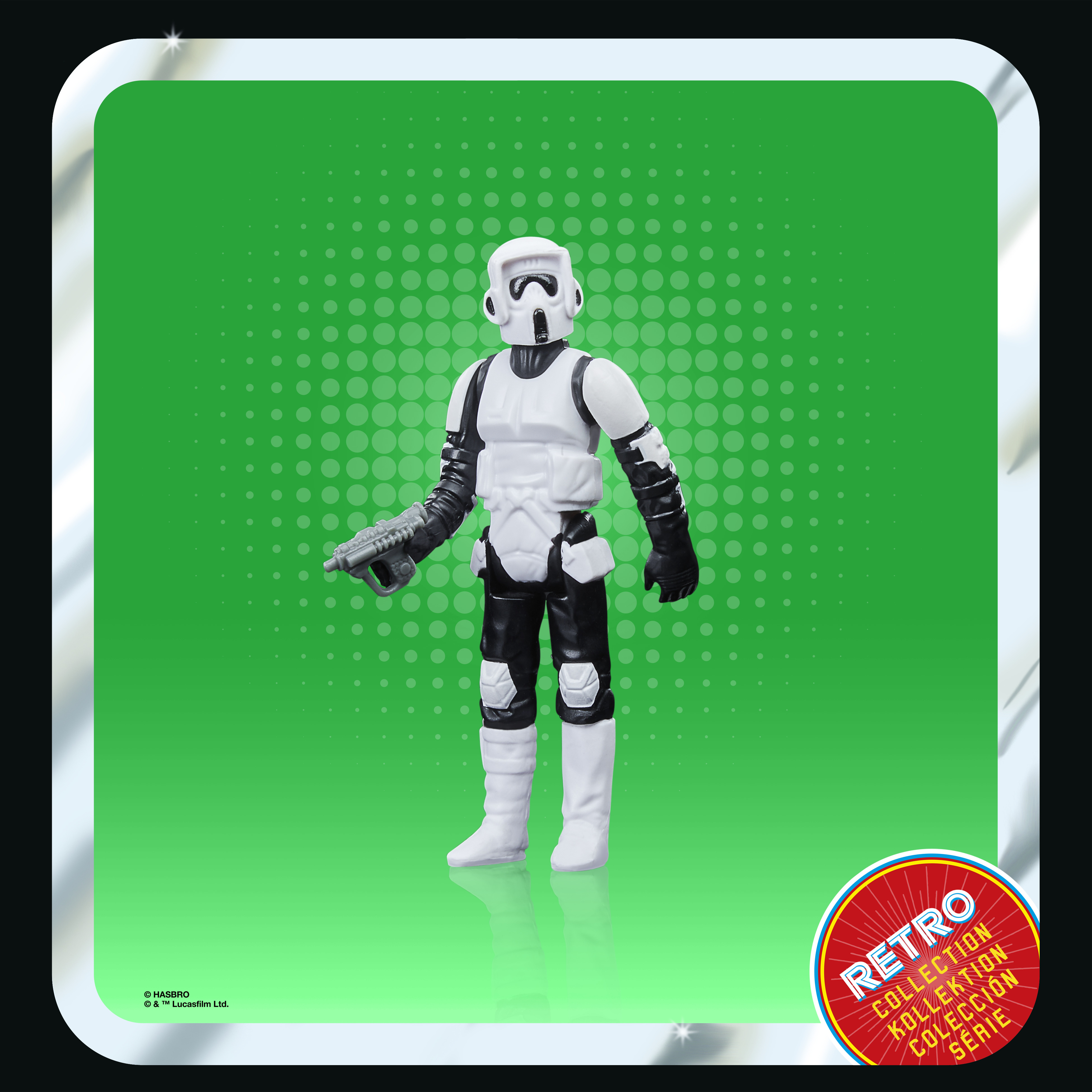 Figurka akcji Star Wars Scout Trooper. Znajduje się na zielonym tle w stylu retro.