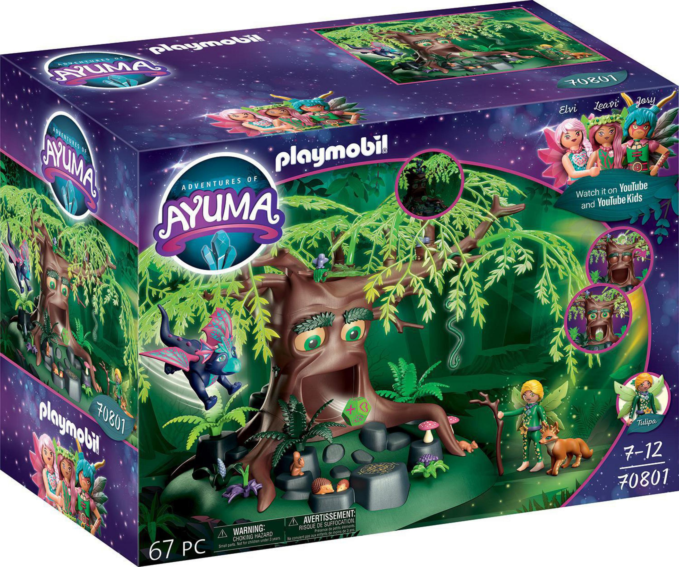 Un set di scatole Playmobil con un albero con una faccia. Include personaggi e una scena fantasy.