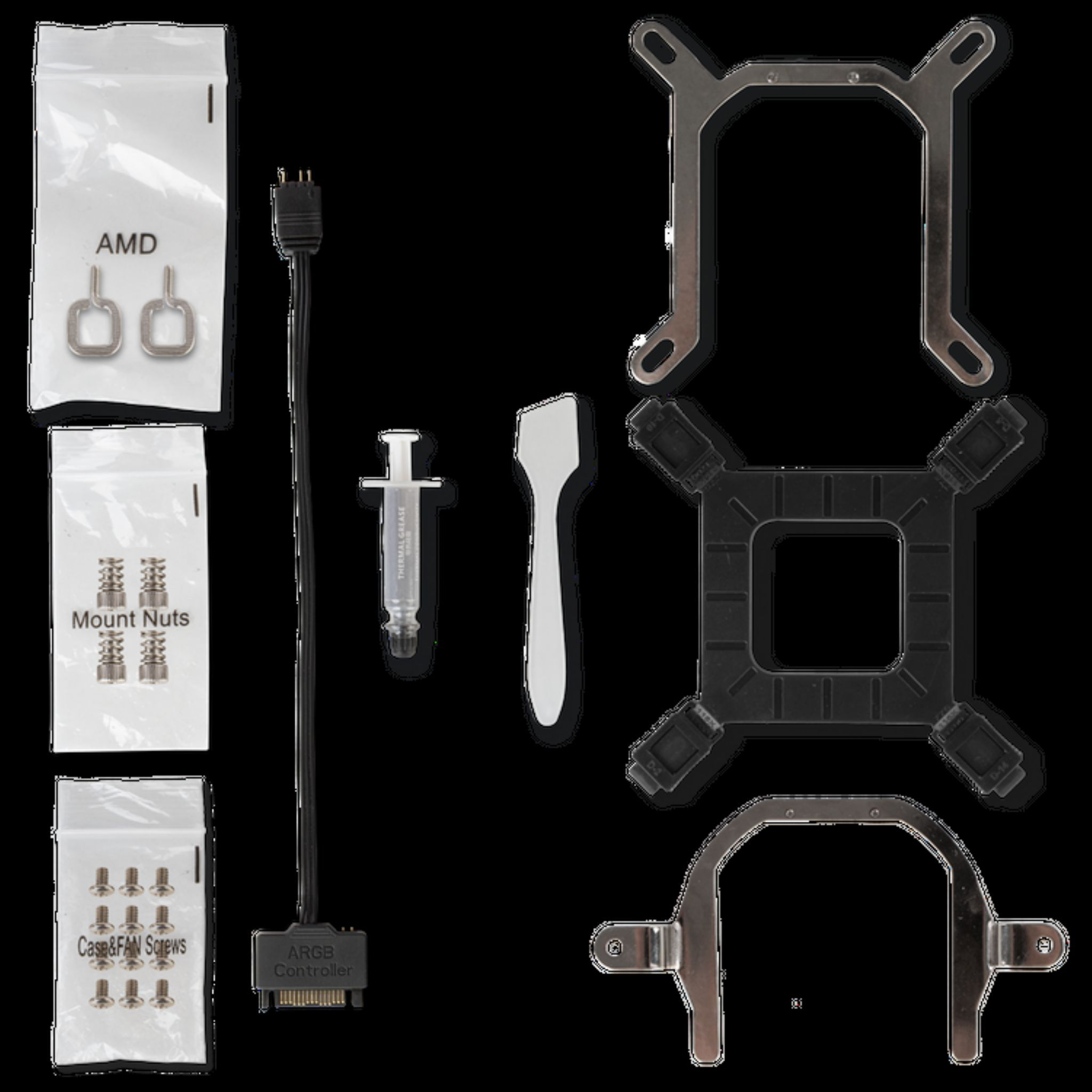Computerkomponenten: AMD-Clips, Montagezubehör, Wärmeleitpaste und ARGB-Controller.