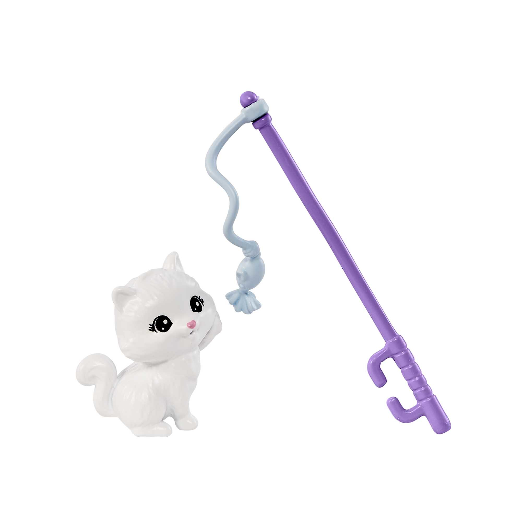 Biała zabawka dla kotka z wędką. Wędka jest fioletowa i ma rybę na końcu.