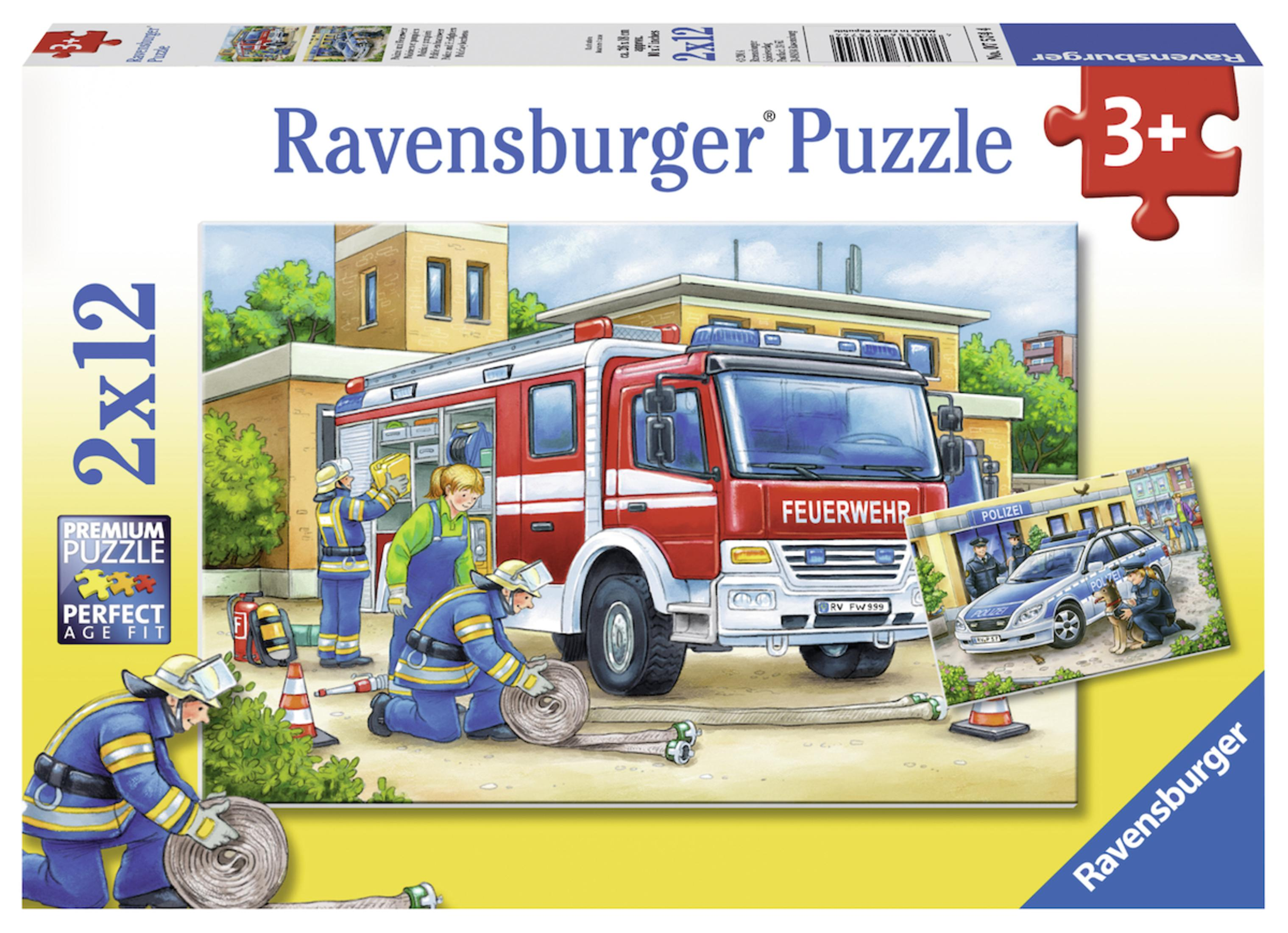 Una scatola di puzzle Ravensburger mostra una scena di camion dei pompieri con pompieri, un'auto della polizia ed edifici.
