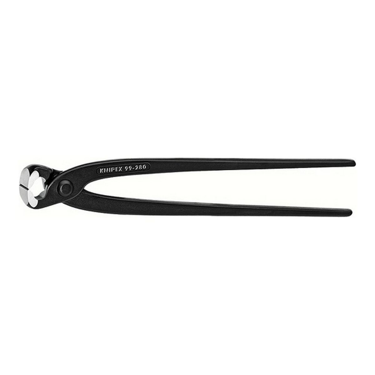 Czarne szczypce ze srebrną krawędzią tnącą i czarnymi uchwytami. Marka to Knipex.