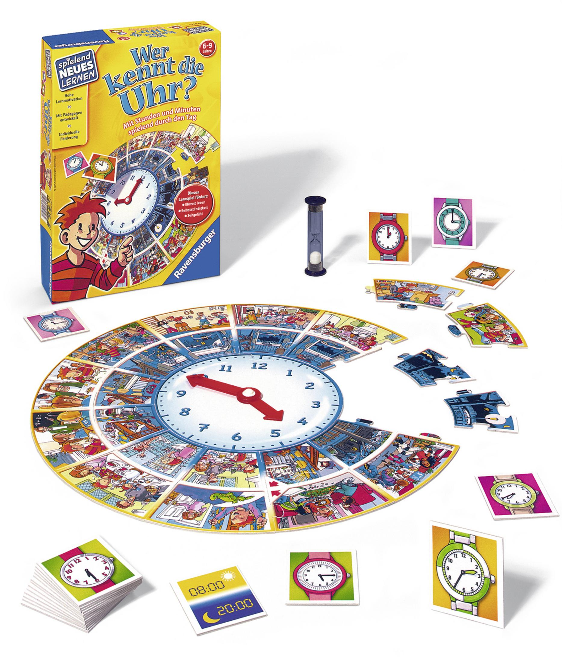 Gioco da tavolo con quadrante, timer, pezzi di puzzle e carte con immagini di orologi.