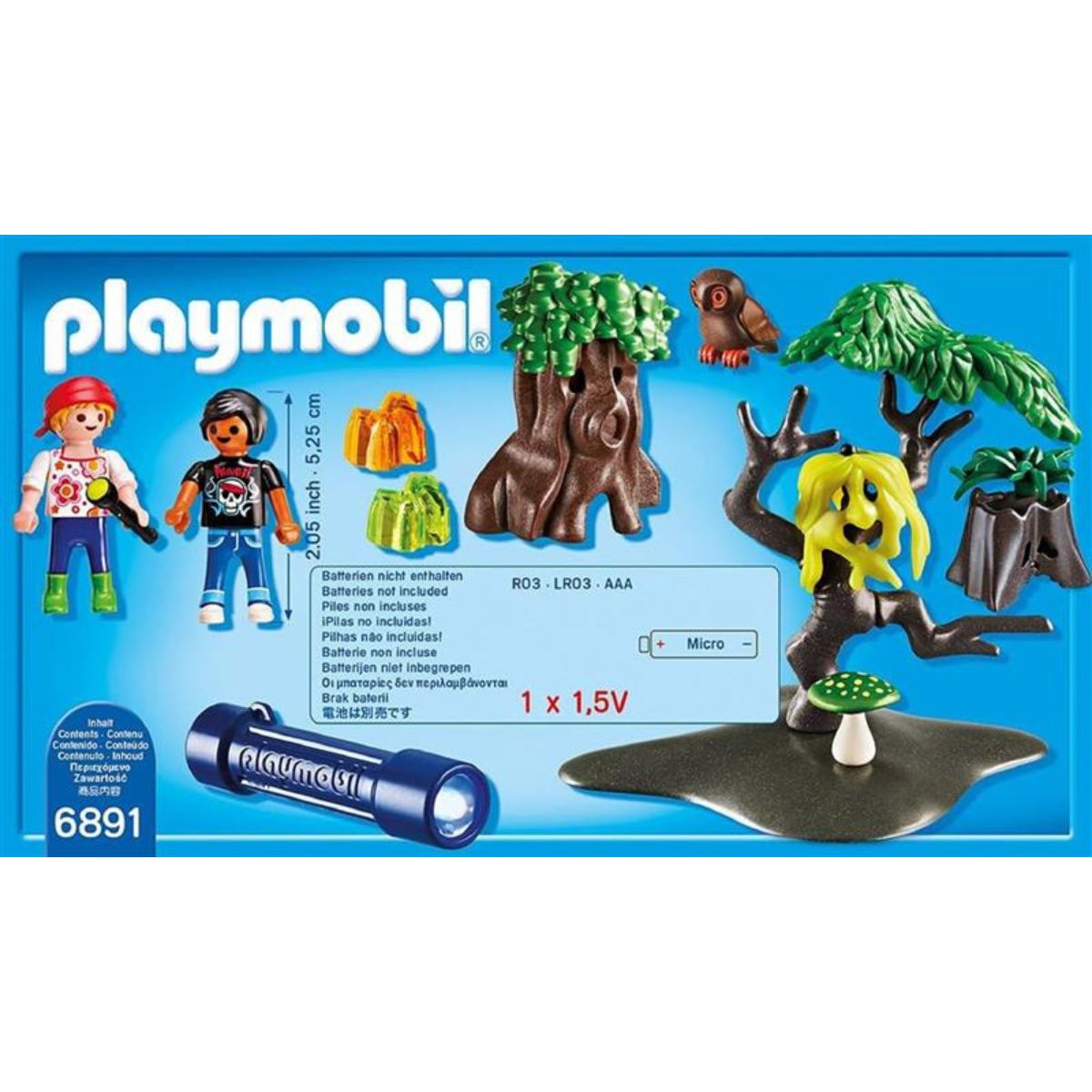 Zestaw zabawek Playmobil: figurki, drzewo, sowa i elementy leśne w pudełku.