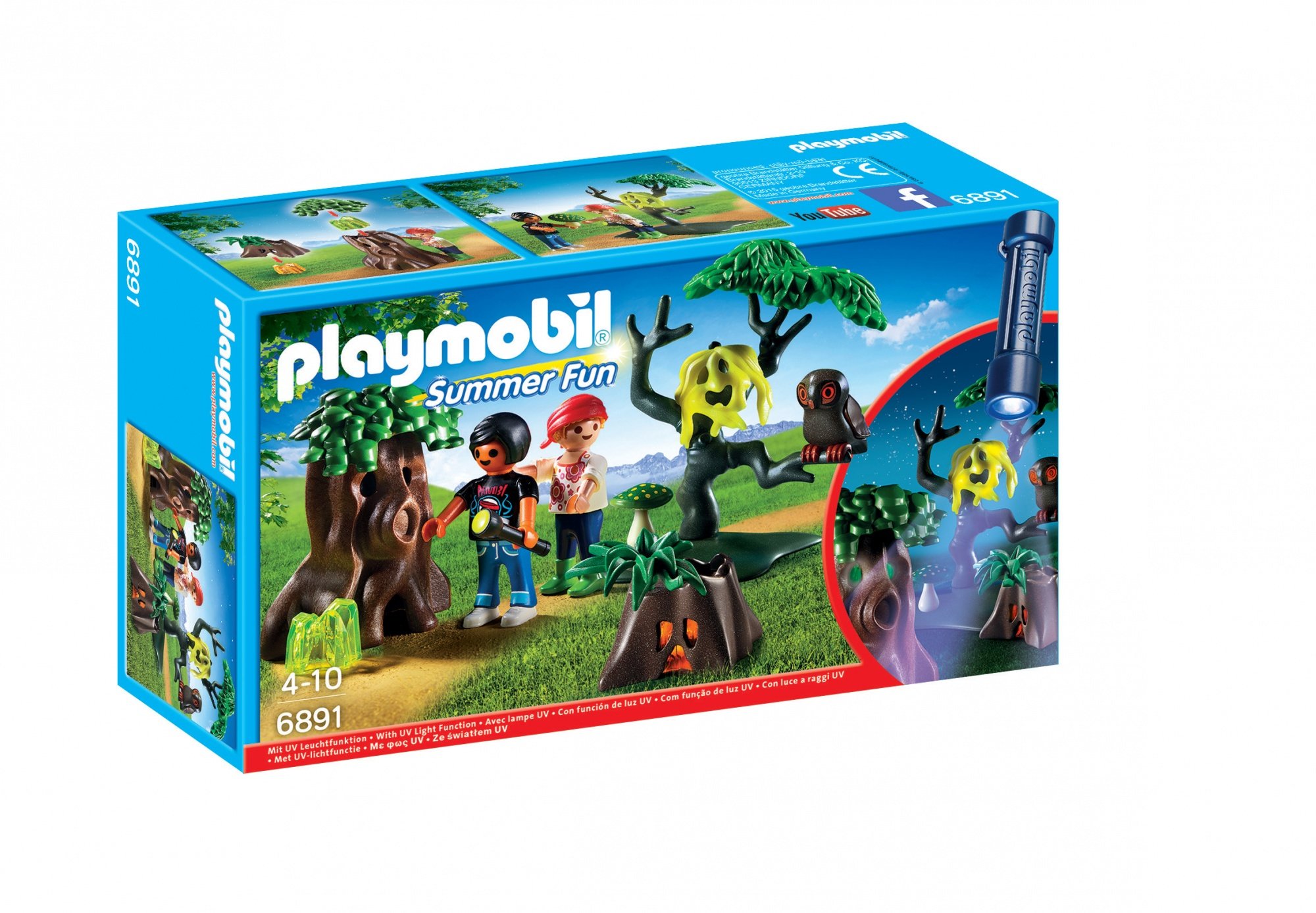 Pudełko Playmobil Summer Fun z figurkami, drzewami i latarką, na białym tle.