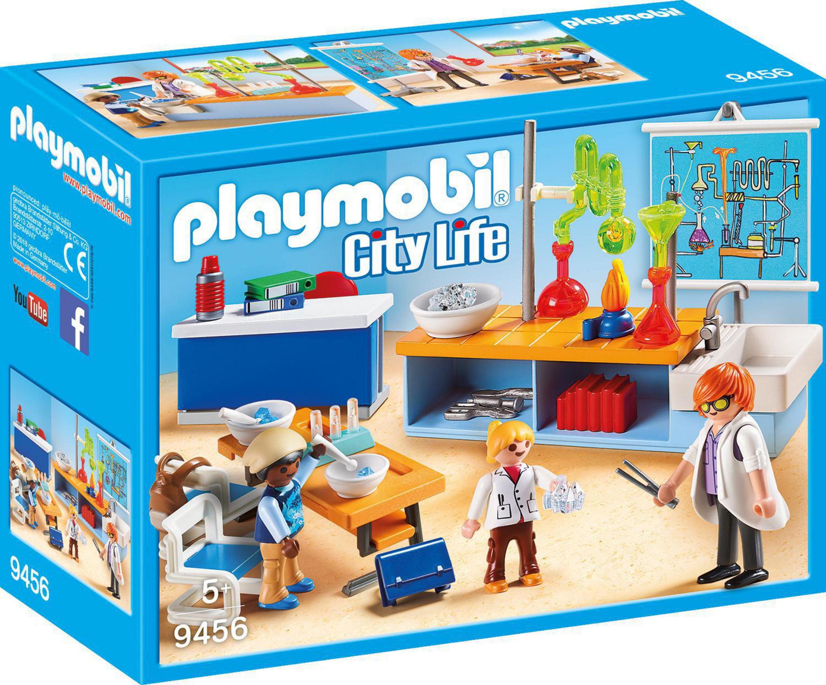 Playmobil Wissenschaftslabor, blaue und orange Tische, Laborausrüstung, Figuren, Box-Art.