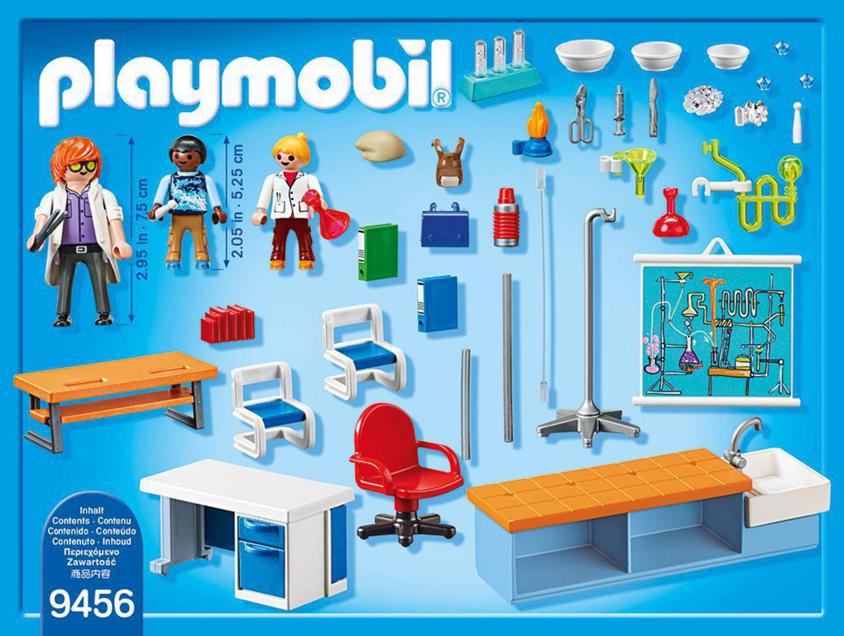 Playmobil-Set mit Laborausrüstung und drei Playmobil-Figuren. Tische und Stühle sind vorhanden.