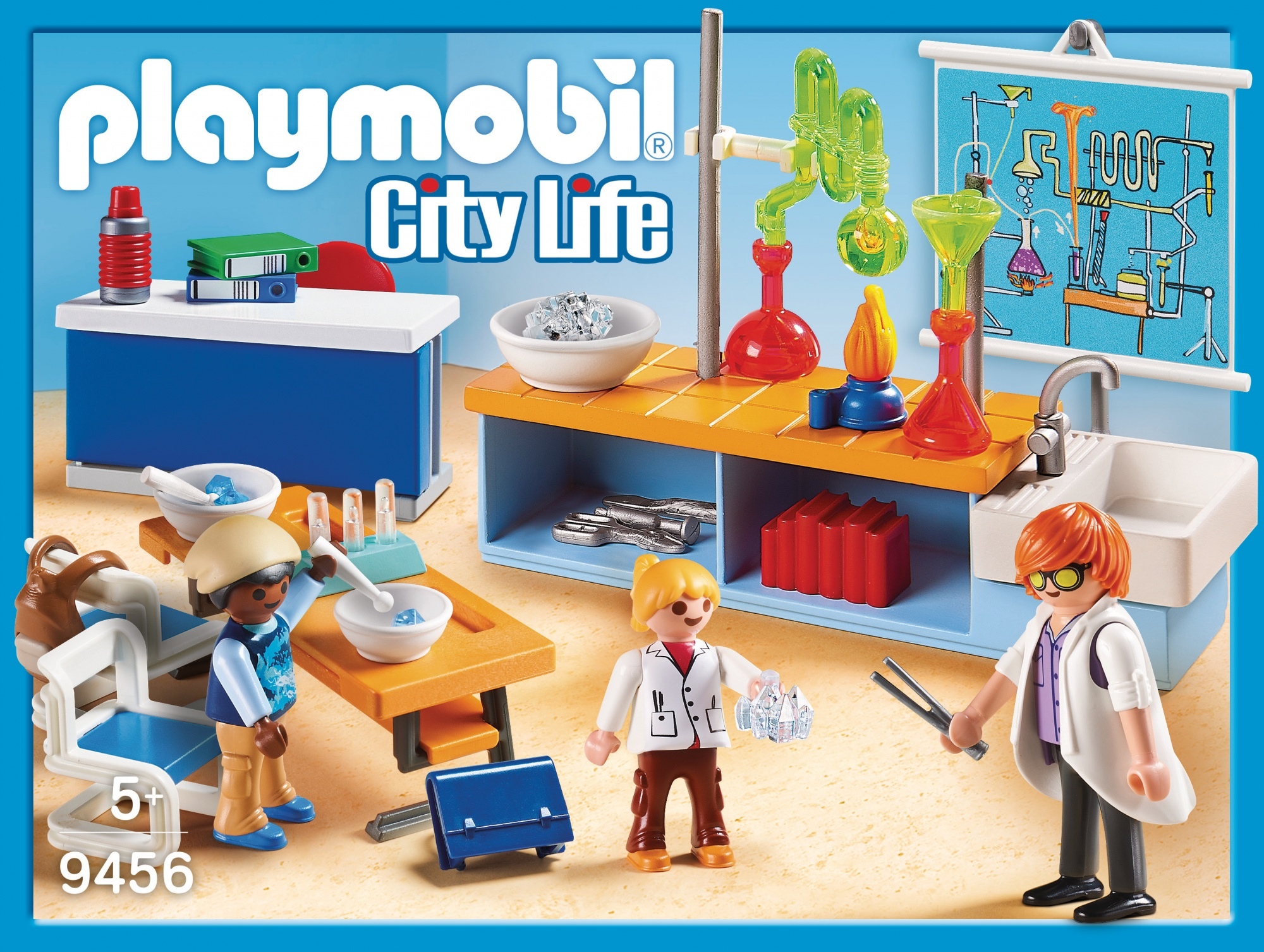 Playmobil-Laborszene mit Figuren, Ausrüstung und blau-weißem Hintergrund, Thema City Life.