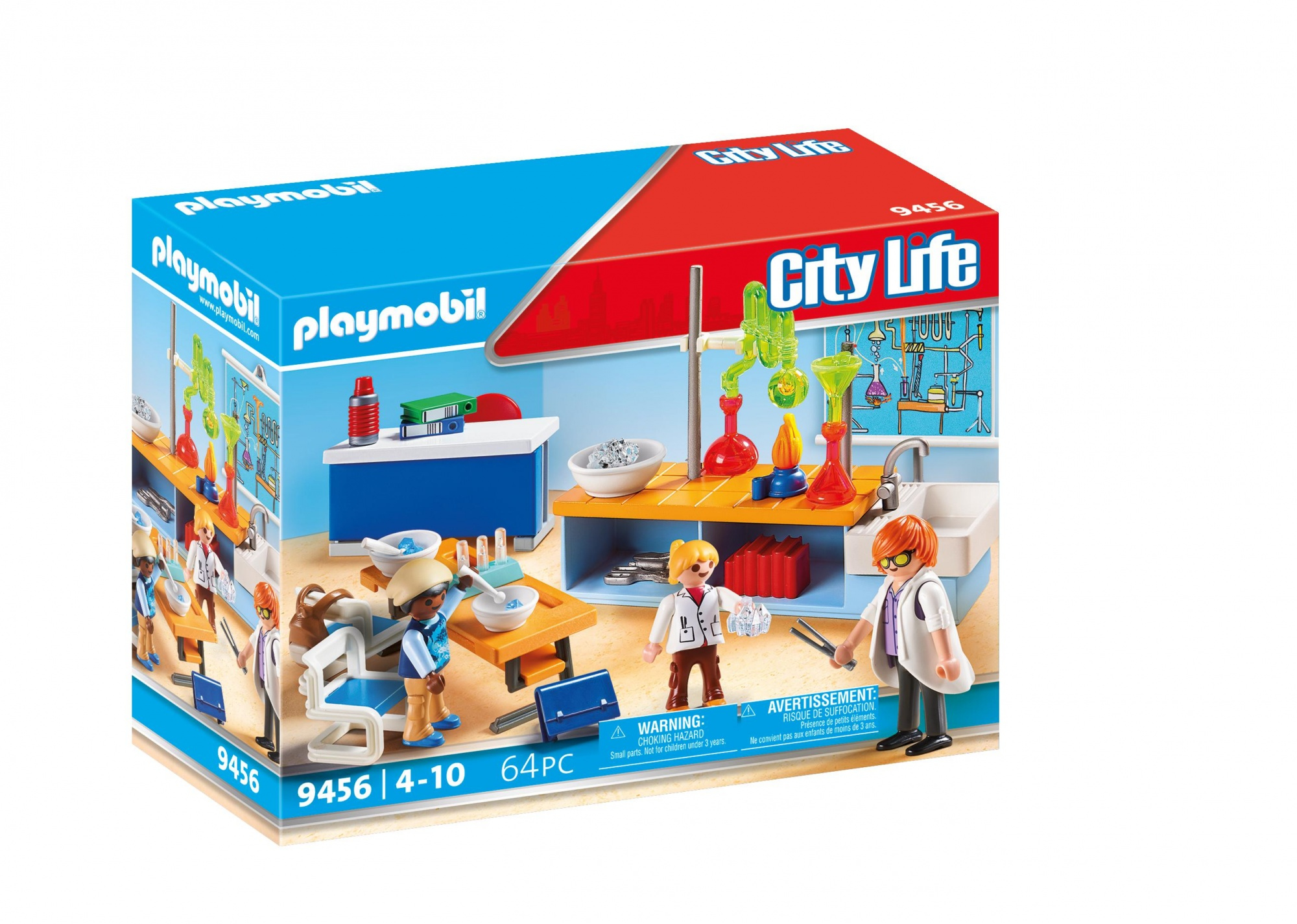 Playmobil-Box-Set mit einer Laborszene mit Figuren, Ausrüstung und einem blau-weißen Hintergrund.
