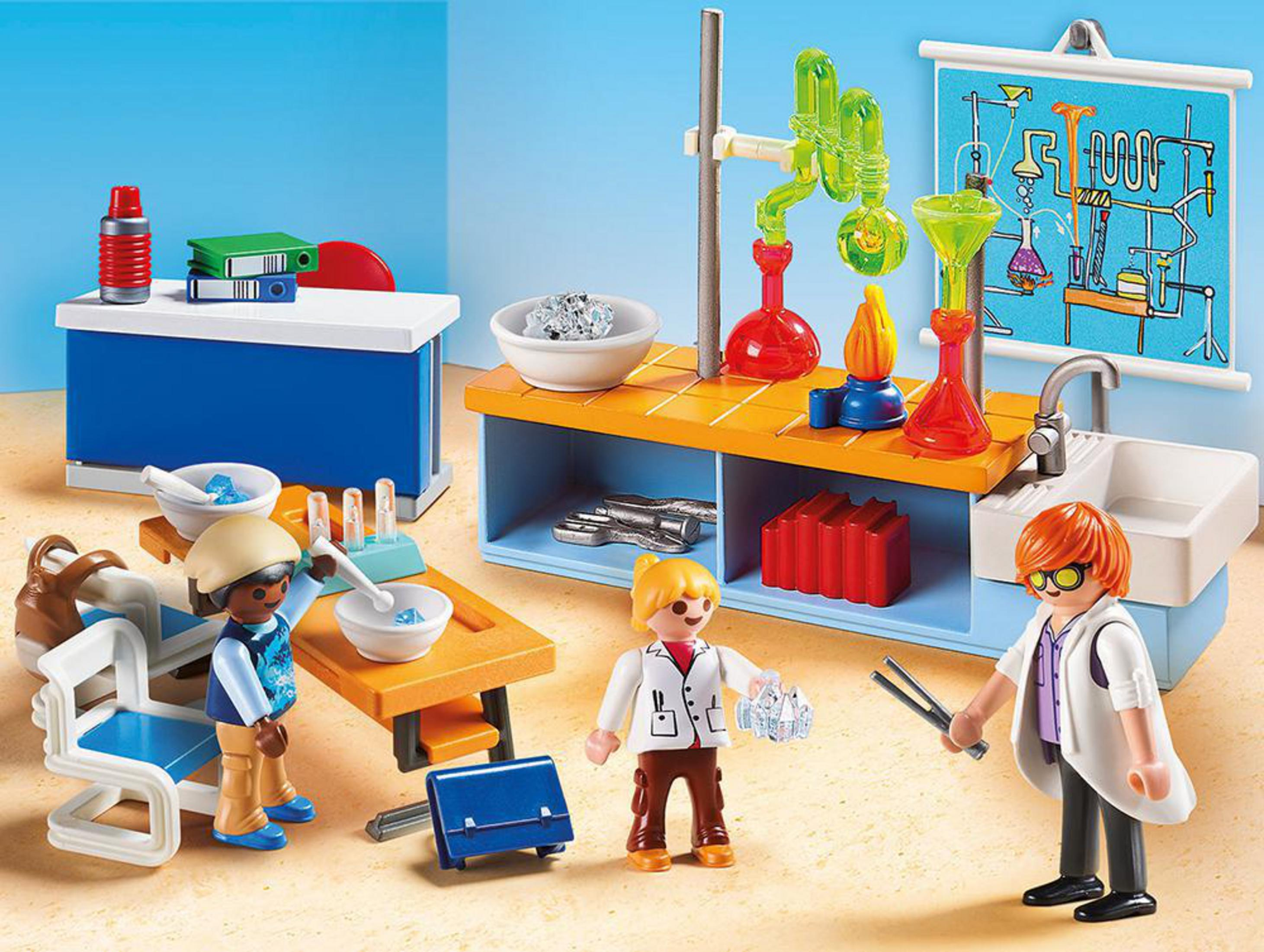 Playmobil-Laborszene mit Figuren, Laborausrüstung und bunten Bechern und Kolben.