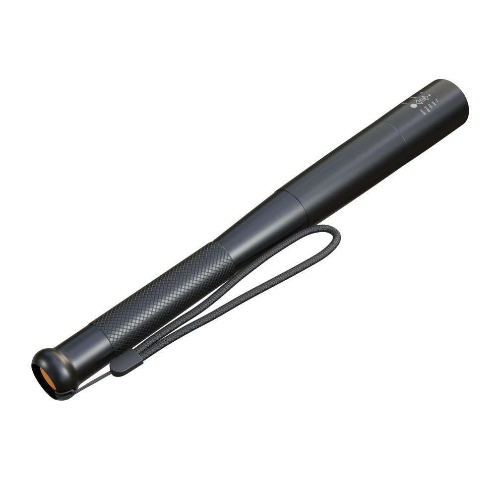 Czarna latarka z teksturowanym uchwytem i paskiem na nadgarstek, na białym tle.