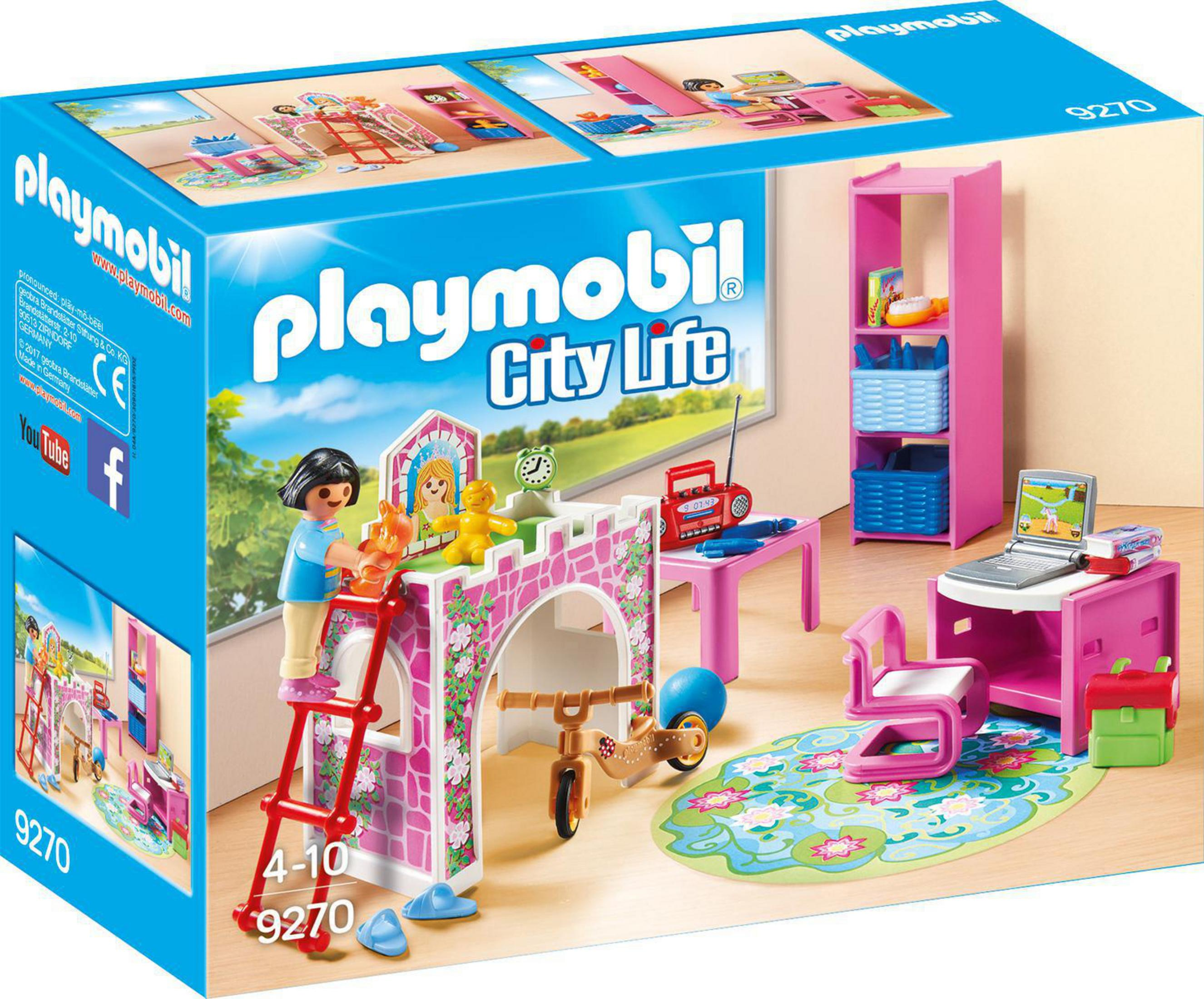 Playmobil-Box mit Kind, das mit Spielzeug in einem rosa Zimmer spielt, mit weißem Hintergrund.