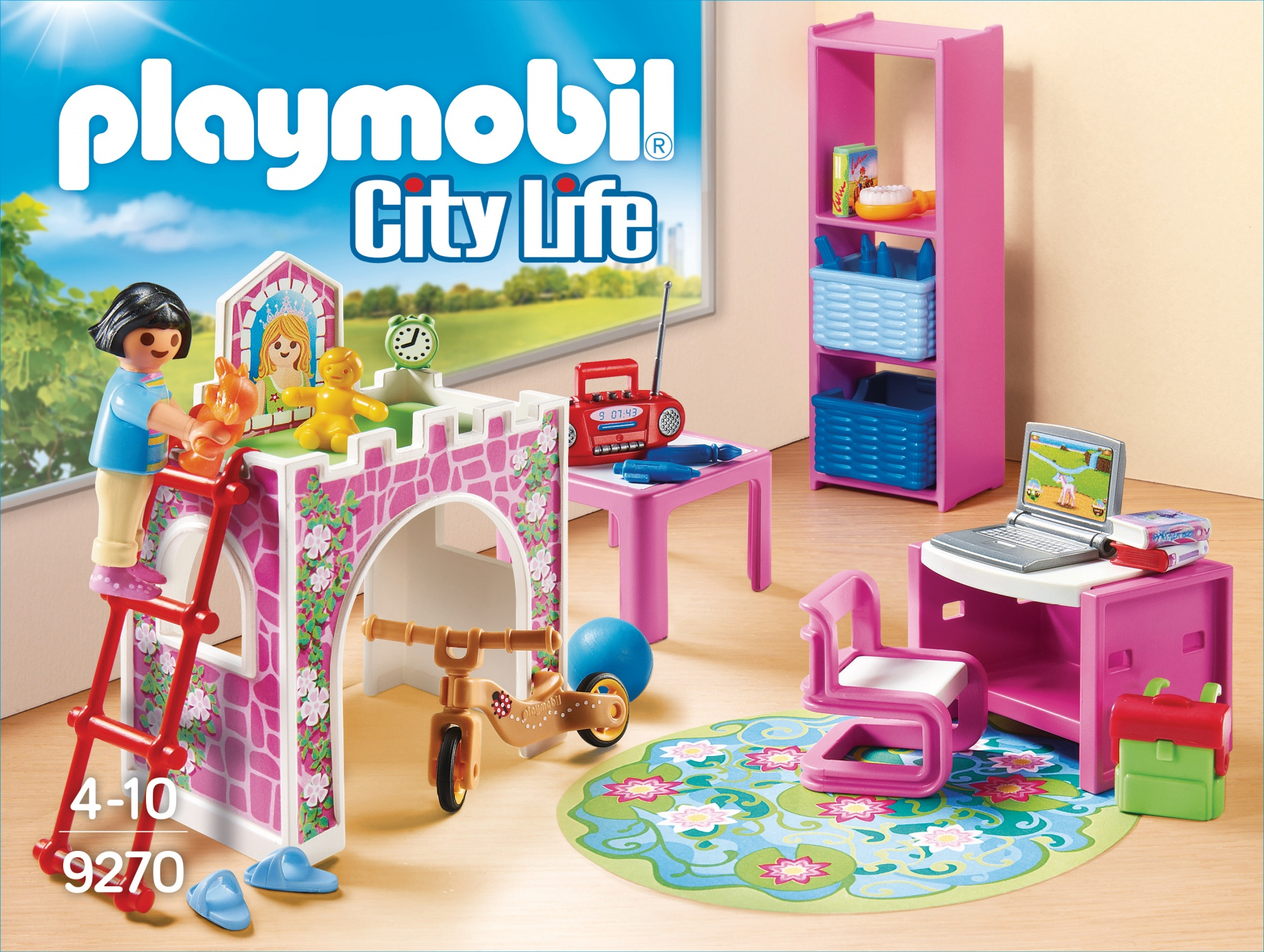 Ein Playmobil City Life Set mit einem rosa Gebäude und Zubehör, einschließlich eines Spielzeug-Dreirads und Figuren.