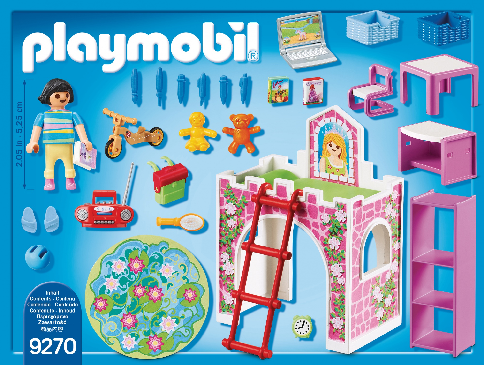 Playmobil-Box mit Mädchen, Spielzeug und rosa Burg, mit verschiedenen Artikeln.