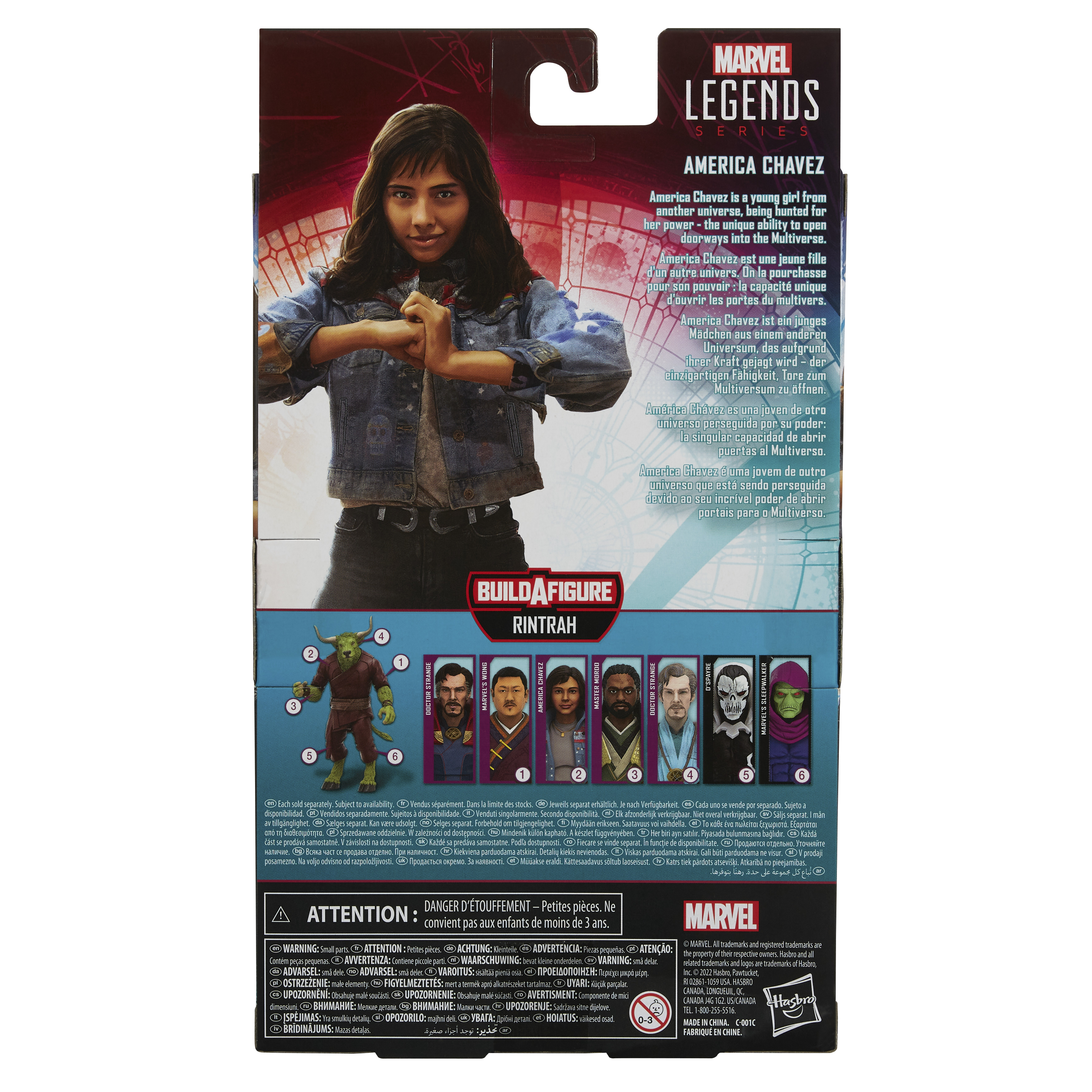 La parte trasera de una caja de Marvel Legends con America Chavez y otras figuras.