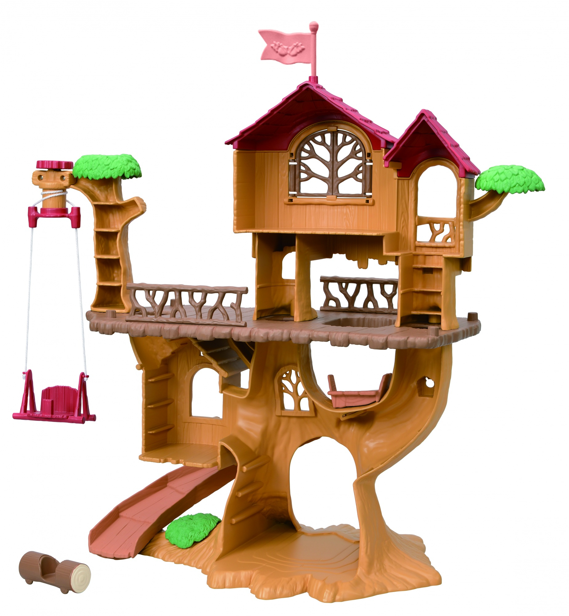 Una casa sull'albero giocattolo marrone con scivolo, altalena e bandiera rosa.