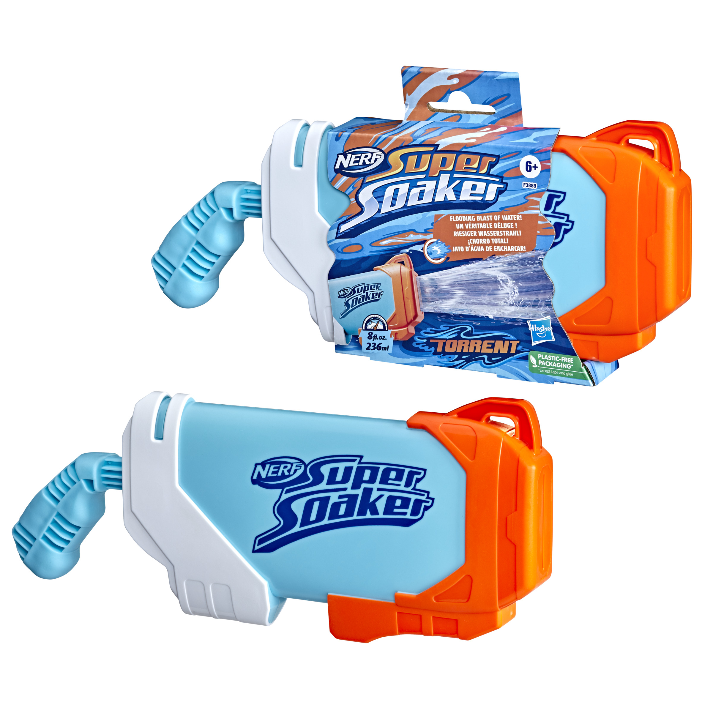 Pistola de agua NERF Super Soaker, azul y blanca con detalles naranja. Vista superior e inferior.