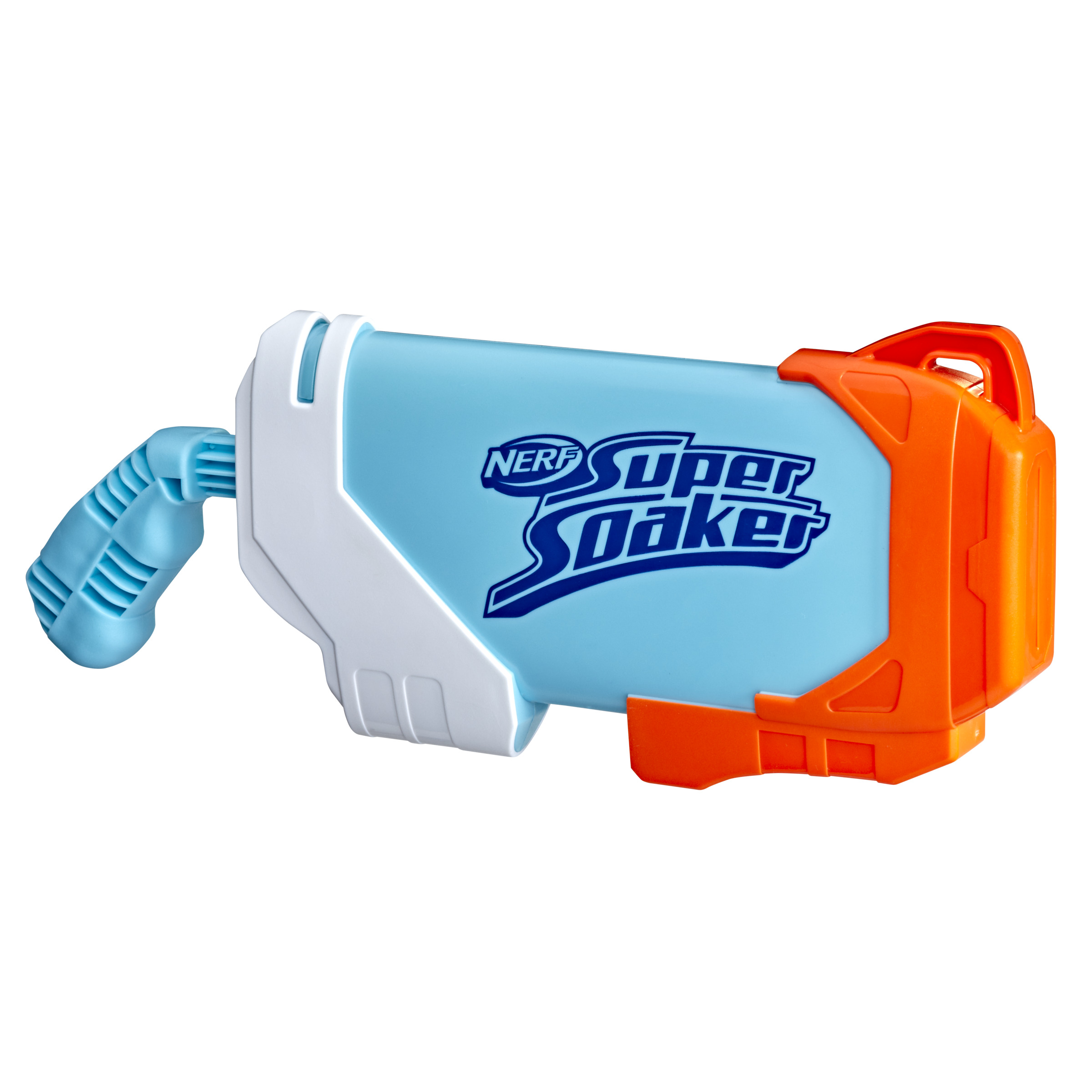 Pistola de agua NERF Super Soaker, azul y blanca con detalles naranja. Vista lateral.