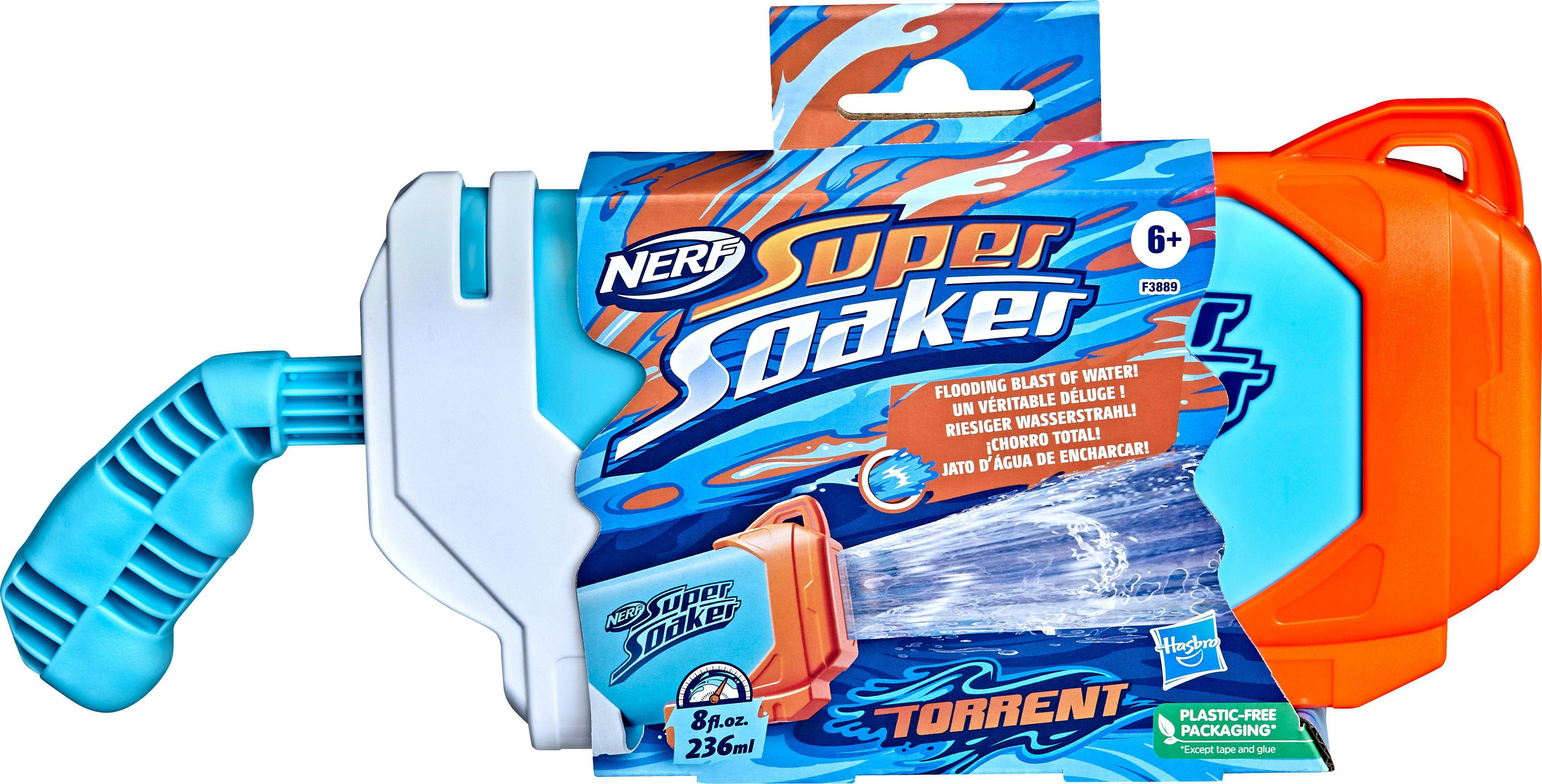 Una pistola de agua Nerf Super Soaker azul y naranja con embalaje.