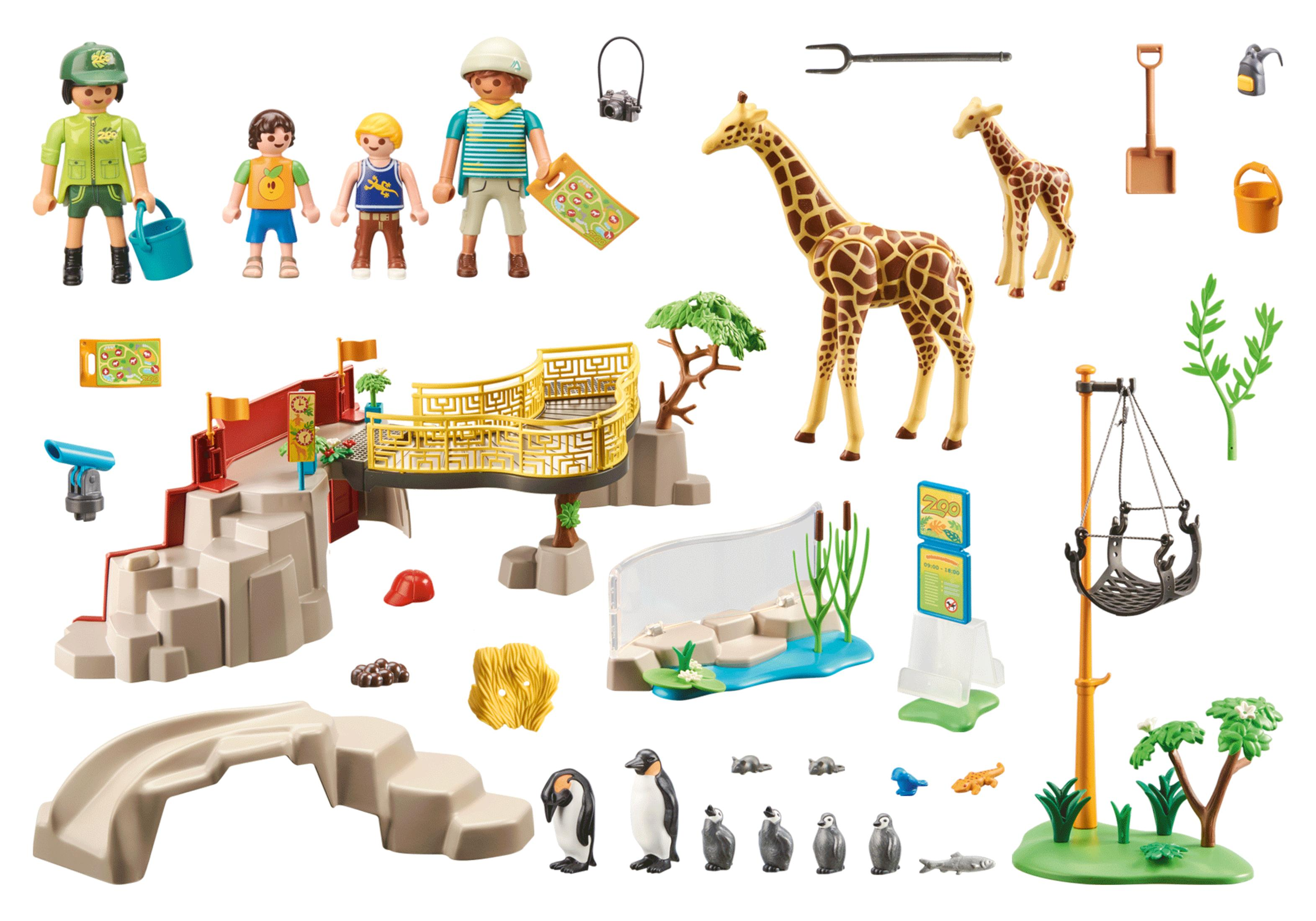 Zoo-Spielset mit Figuren, Giraffen, Pinguinen und Zoo-Elementen, isoliert.