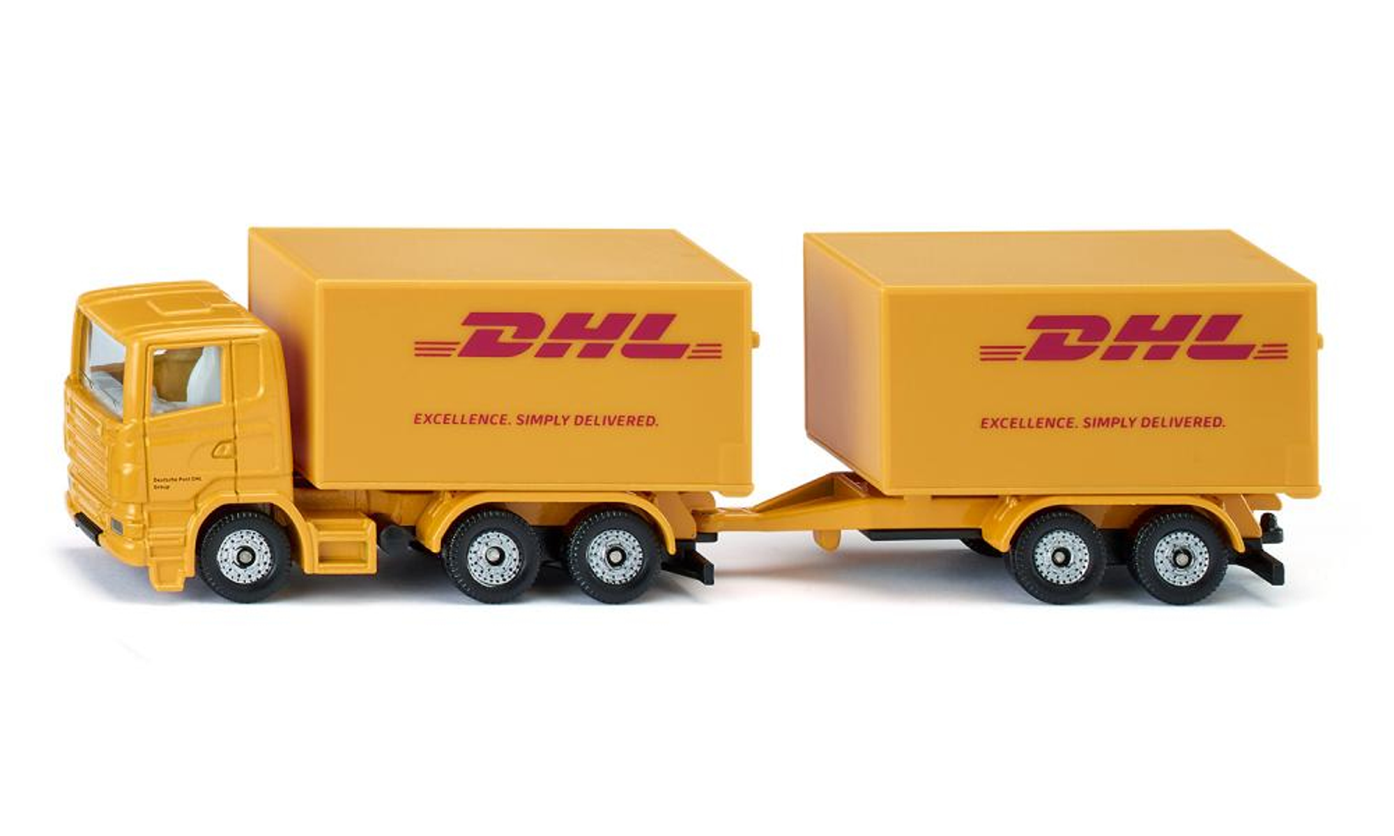 Ein DHL-LKW-Spielzeug mit zwei gelben Containern. Das Logo ist auf den Containern aufgedruckt.