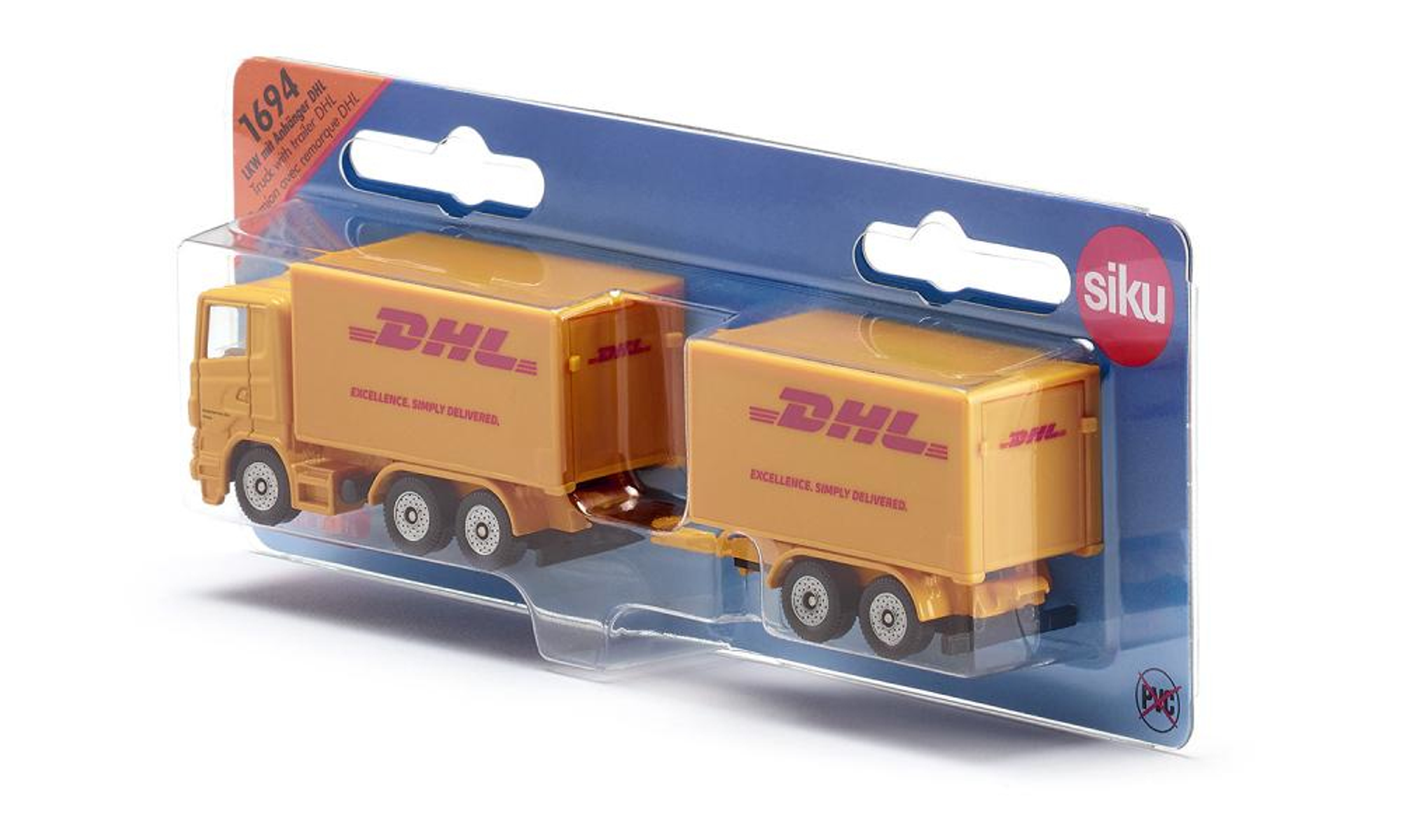DHL-Spielzeug-LKW und Anhänger in Kunststoffverpackung. Gelbes Führerhaus mit Logo. Weißer Hintergrund.