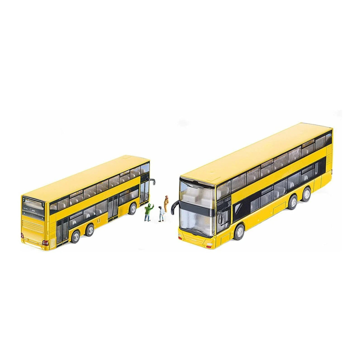 Zwei gelbe Doppeldeckerbus-Modelle stehen nebeneinander. Personen stehen in der Nähe.