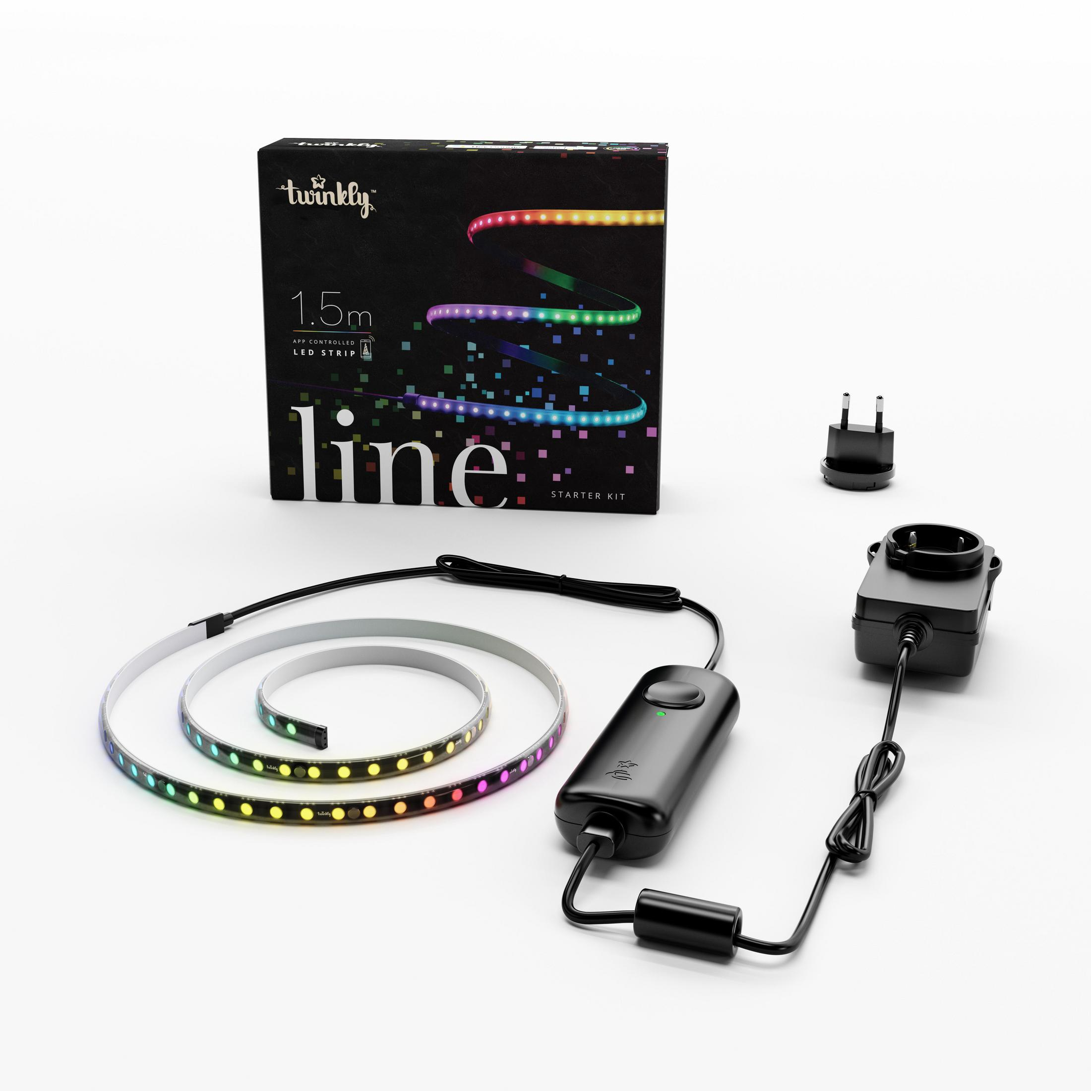 Un kit de démarrage de bande LED Twinkly. Le kit comprend une bande lumineuse, un contrôleur et un adaptateur secteur.